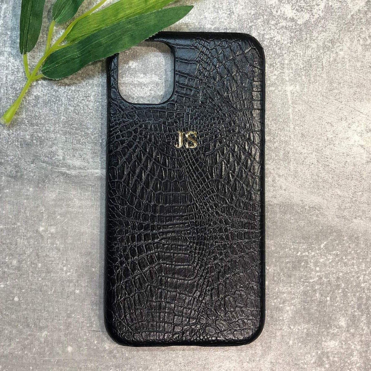 Crocodile Black Leather Phone Case With Initials IPhone 13, 13 Pro