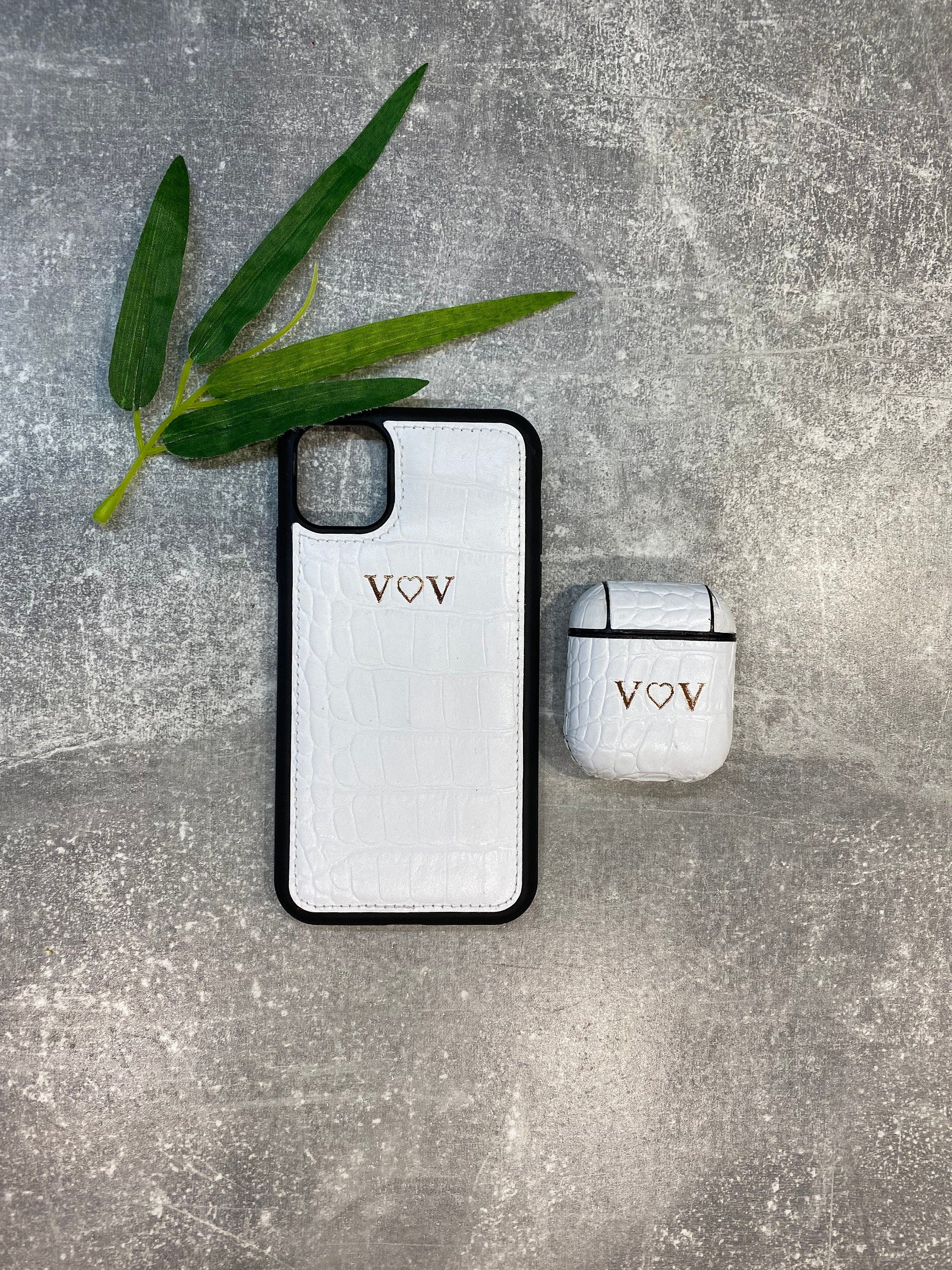 Personalized White Croc Leather iPhone & AirPods Case Set