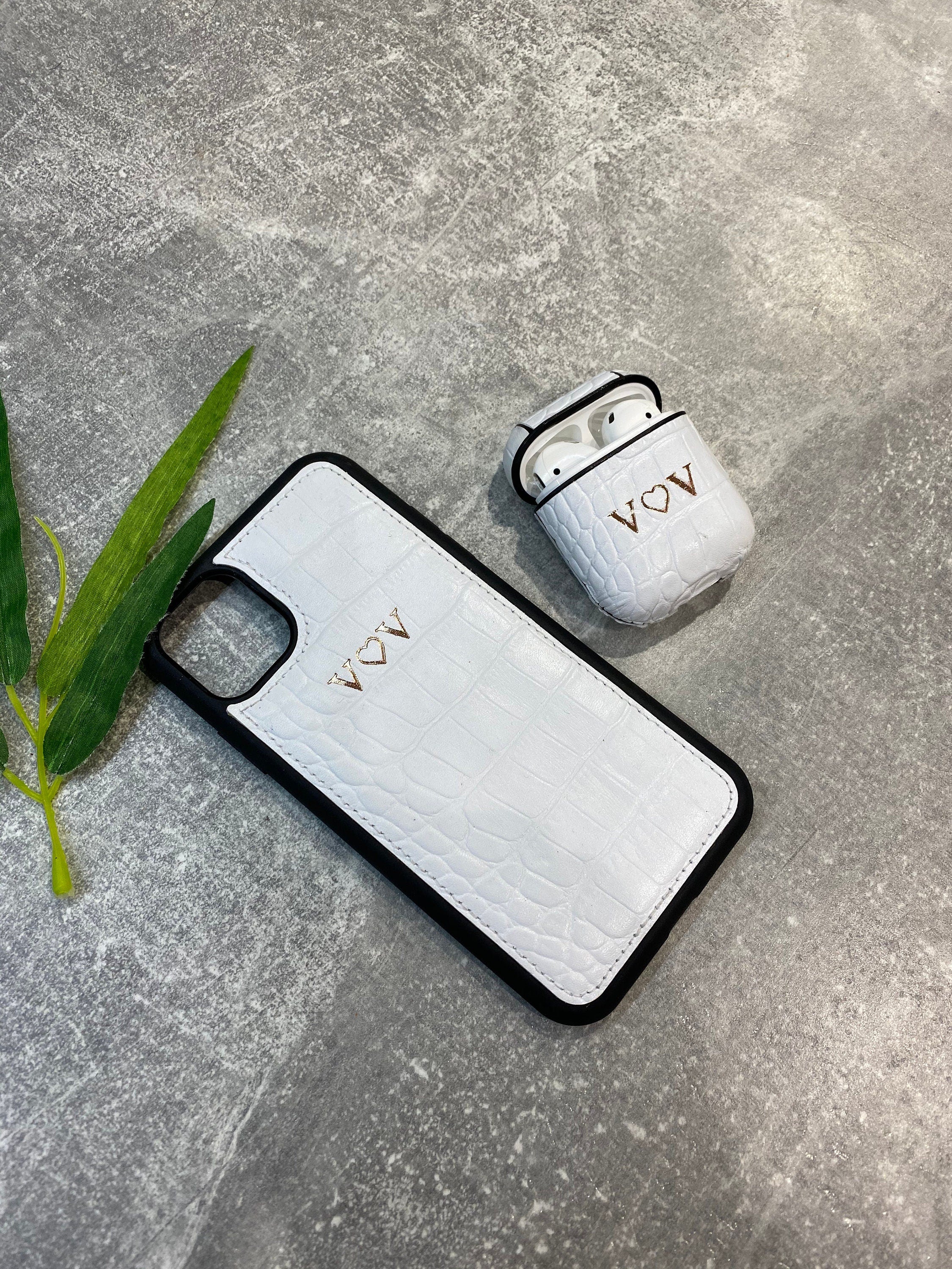 Personalized White Croc Leather iPhone & AirPods Case Set