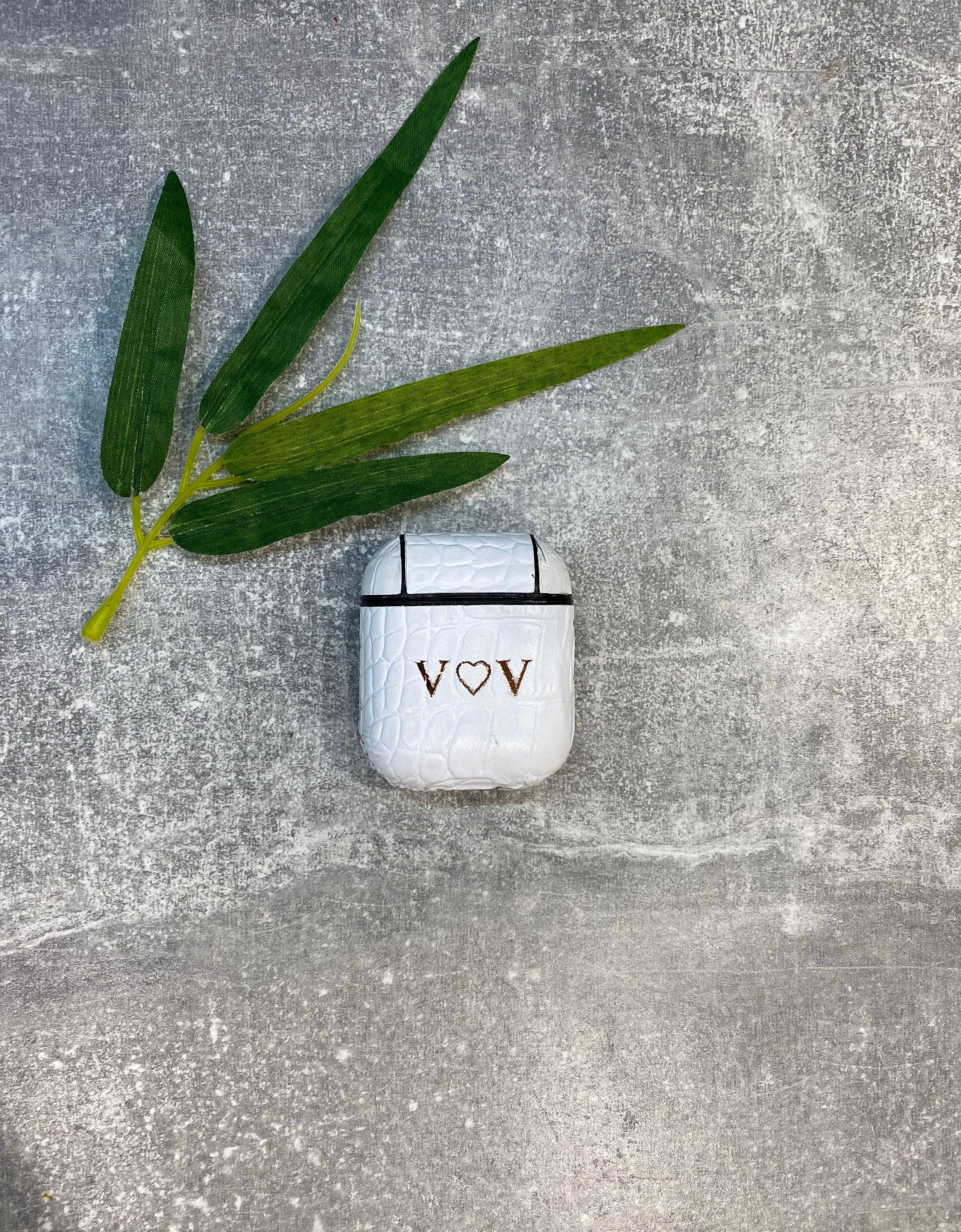 Personalized White Croc Leather iPhone & AirPods Case Set