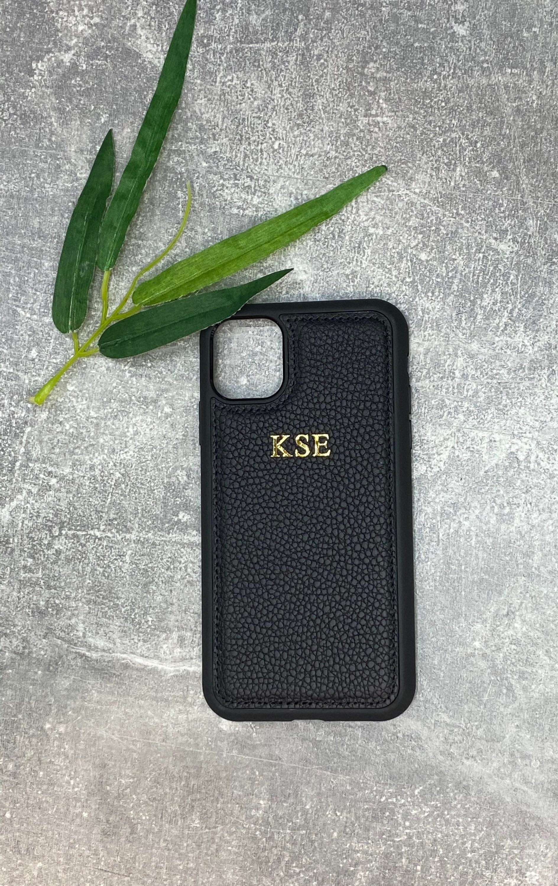 Black leather iphone case personalised with any name or initials, customised phone cover.