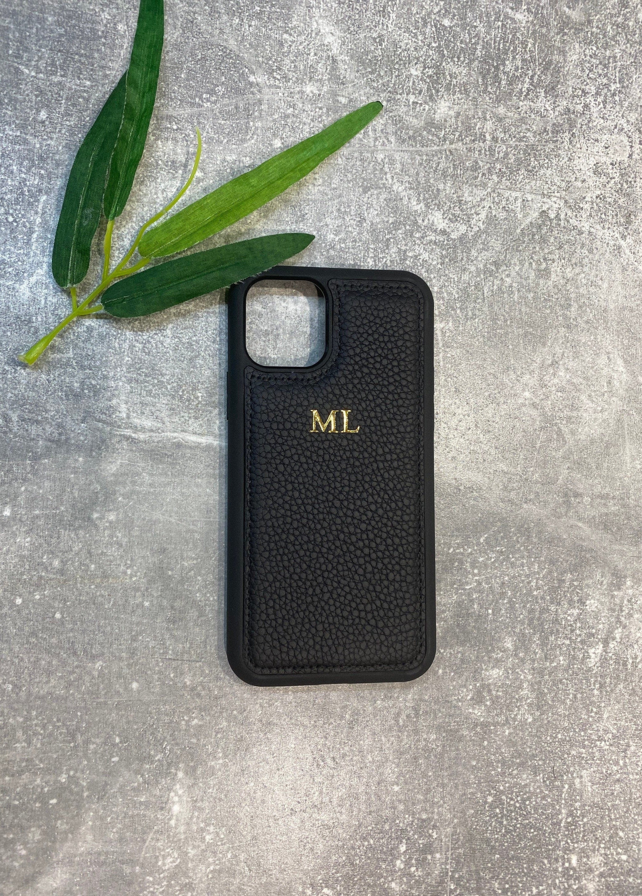Black leather iphone case personalised with any name or initials, customised phone cover.