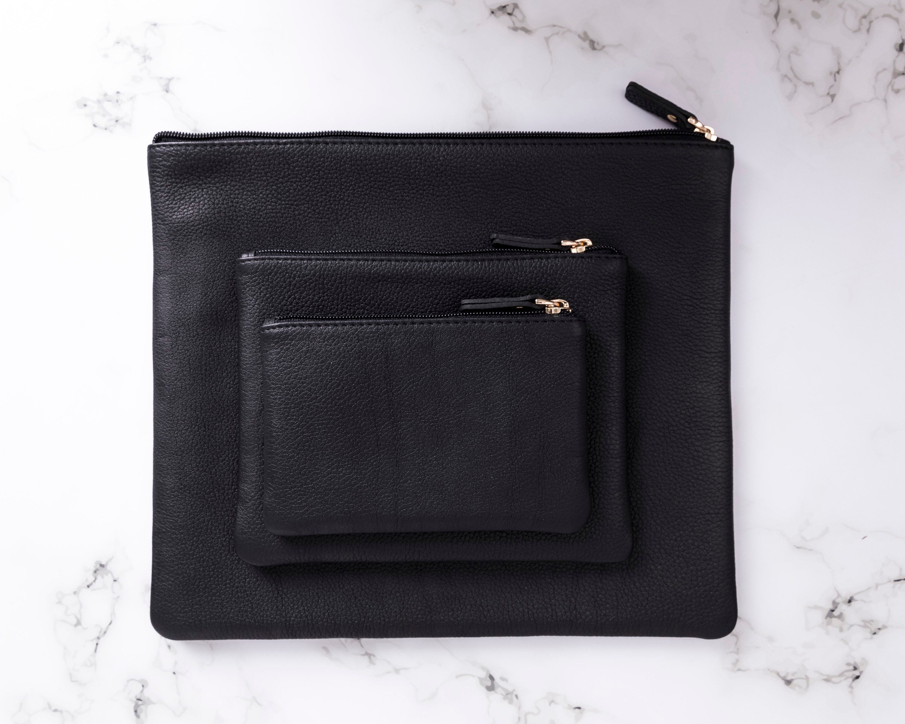 Personalized Black Leather Purse Set: Genuine Leather Clutch & Pouch