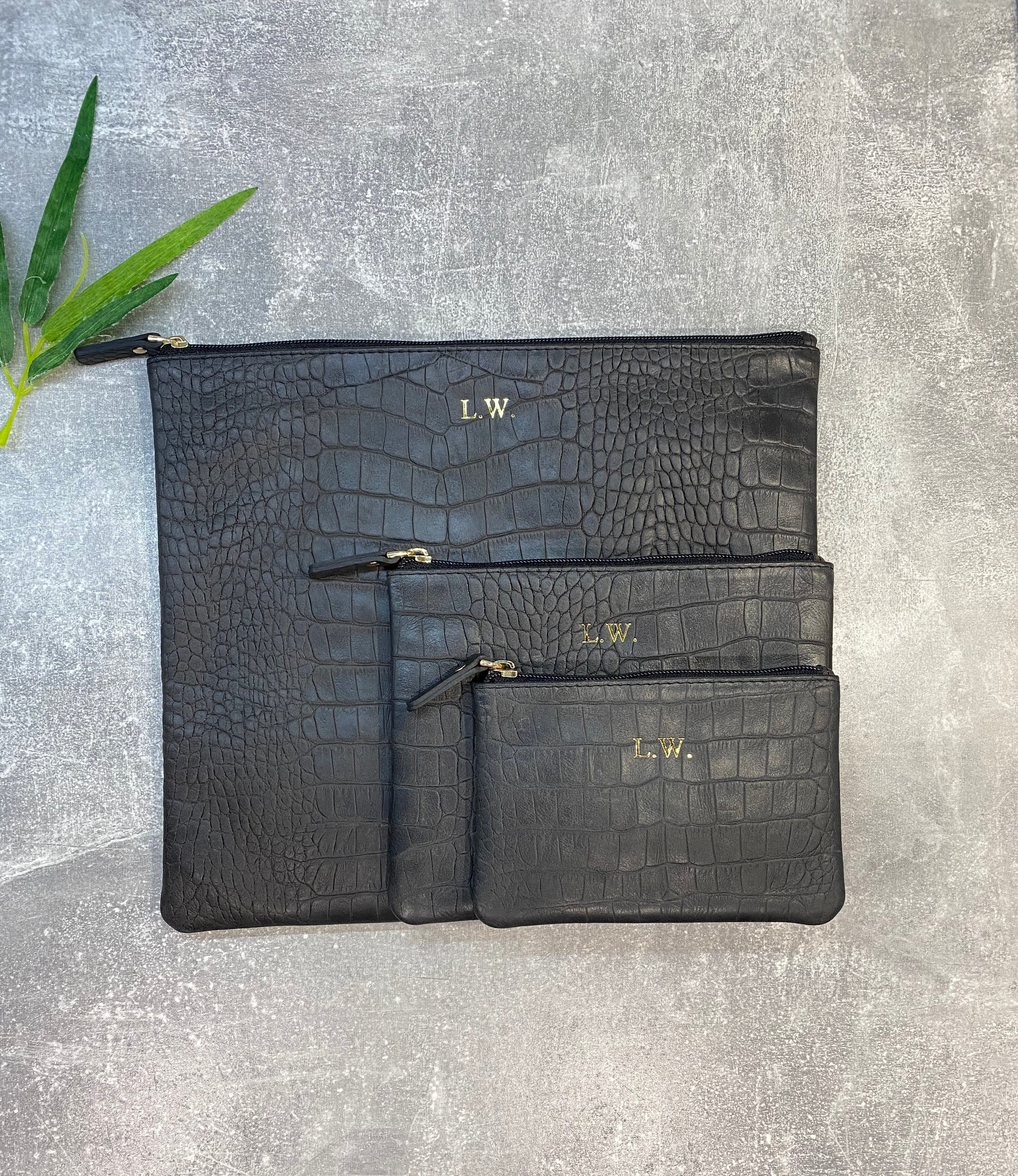 Personalized Black Croc Leather Purse Set: Clutch & Pouch