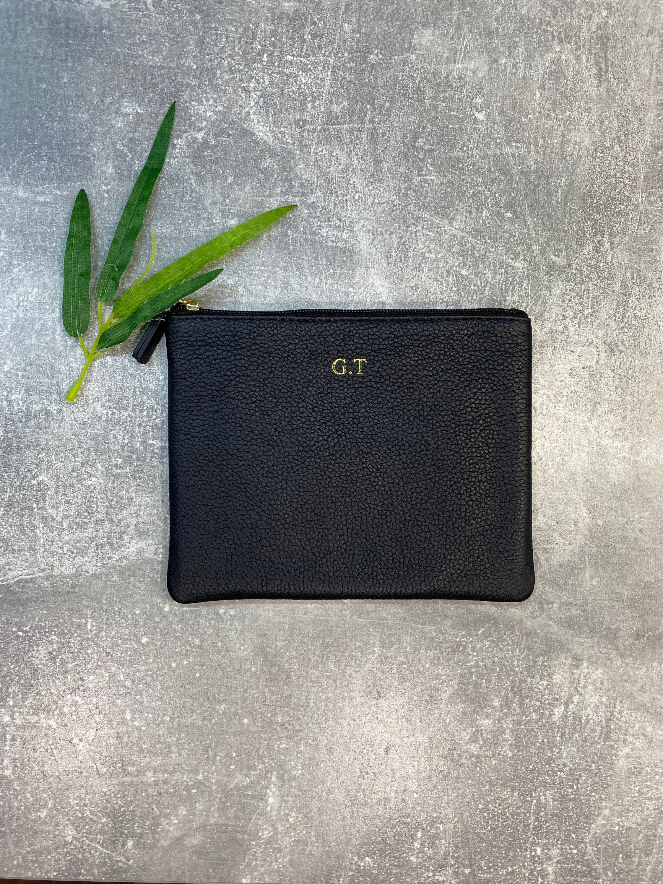 Personalized Black Leather Purse Set: Genuine Leather Clutch & Pouch