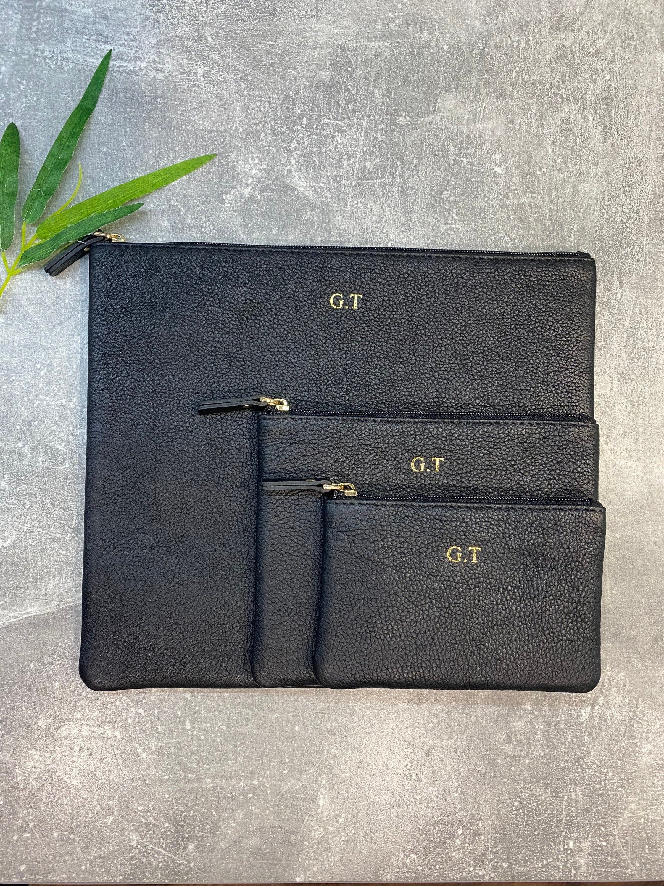 Personalized Black Leather Purse Set: Genuine Leather Clutch & Pouch
