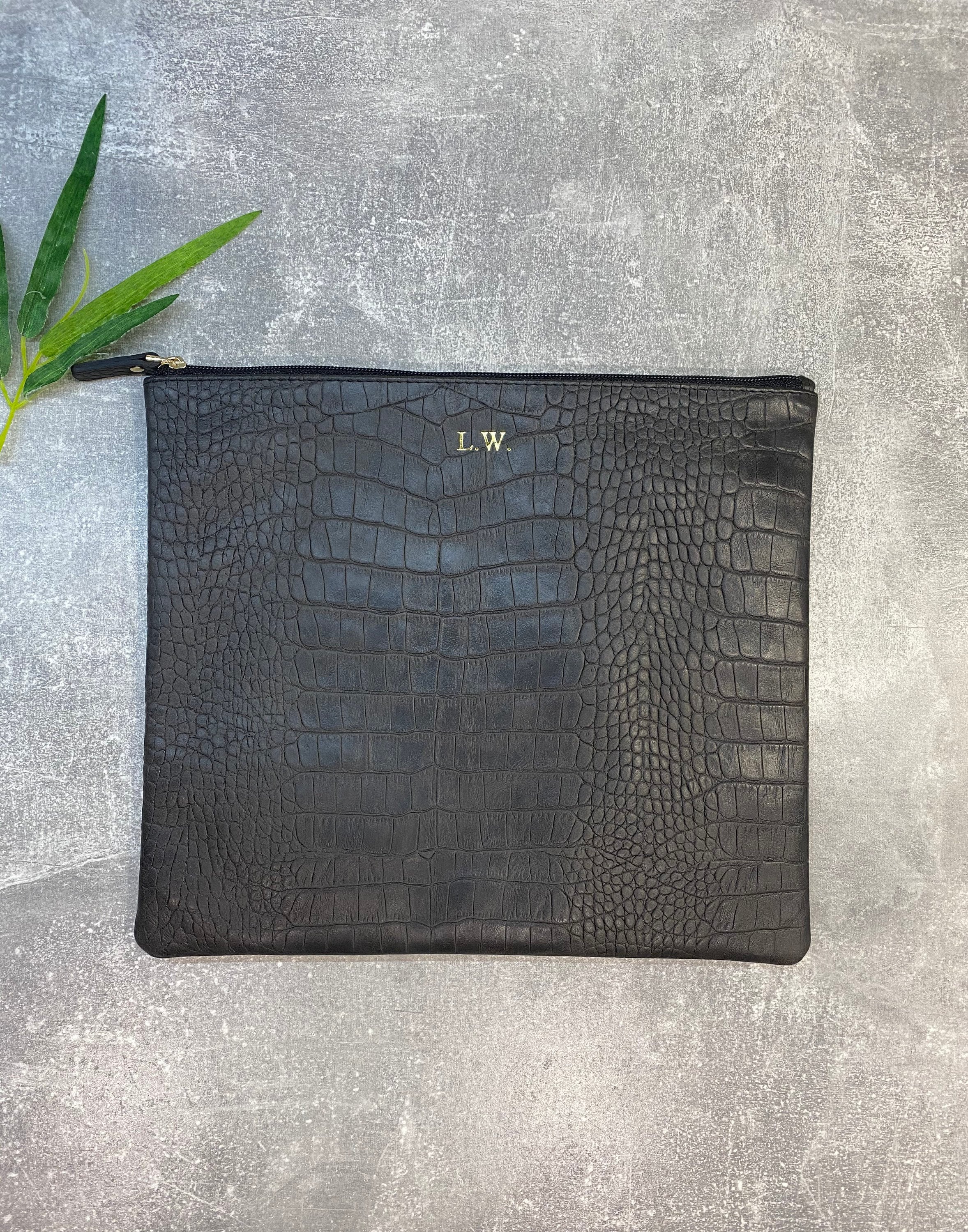 Personalized Black Croc Leather Purse Set: Clutch & Pouch