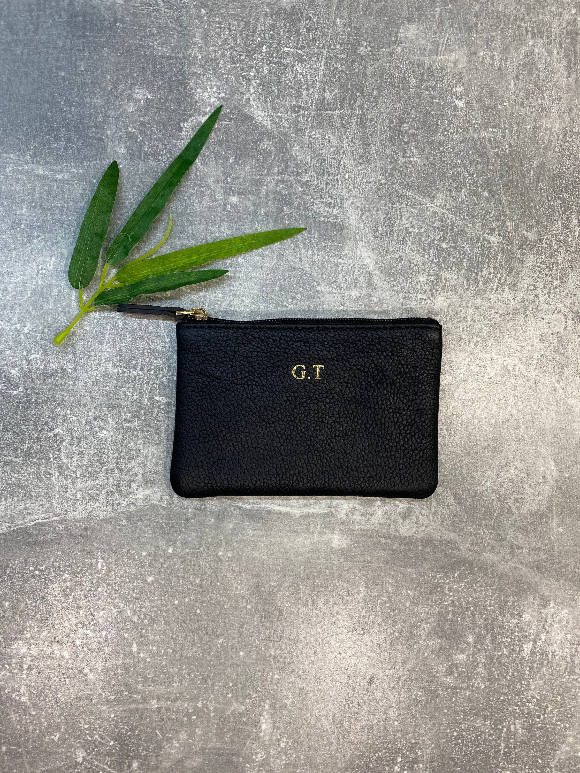 Personalized Black Leather Purse Set: Genuine Leather Clutch & Pouch