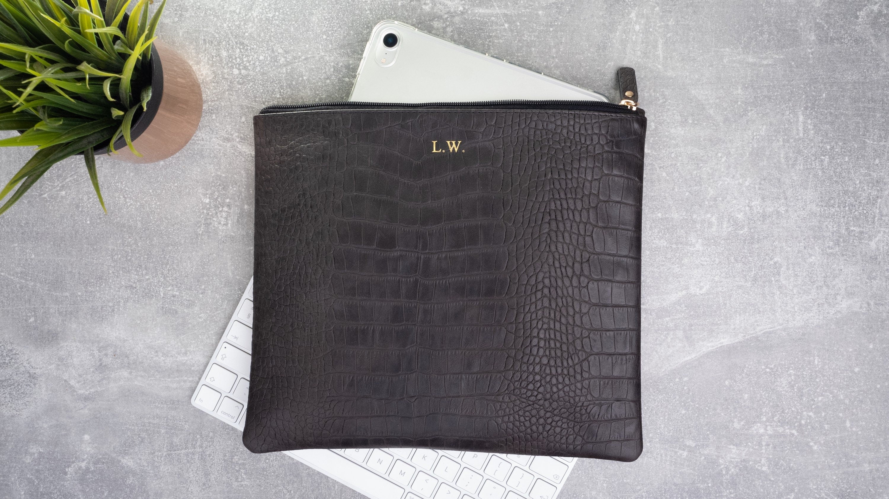Personalized Black Croc Leather Purse Set: Clutch & Pouch