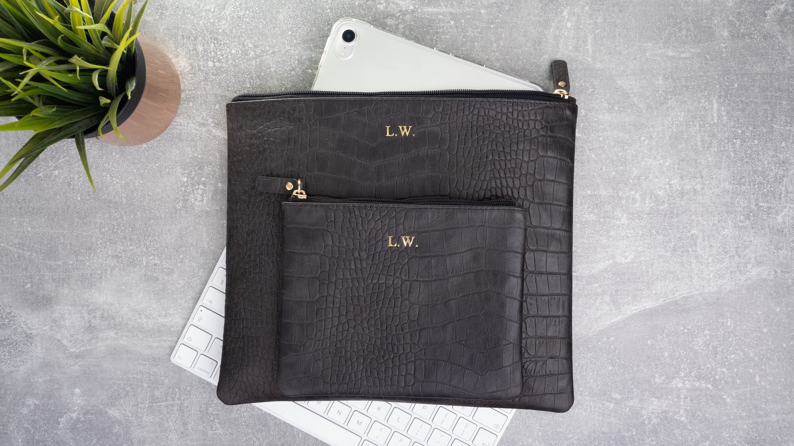 Personalized Black Croc Leather Purse Set: Clutch & Pouch