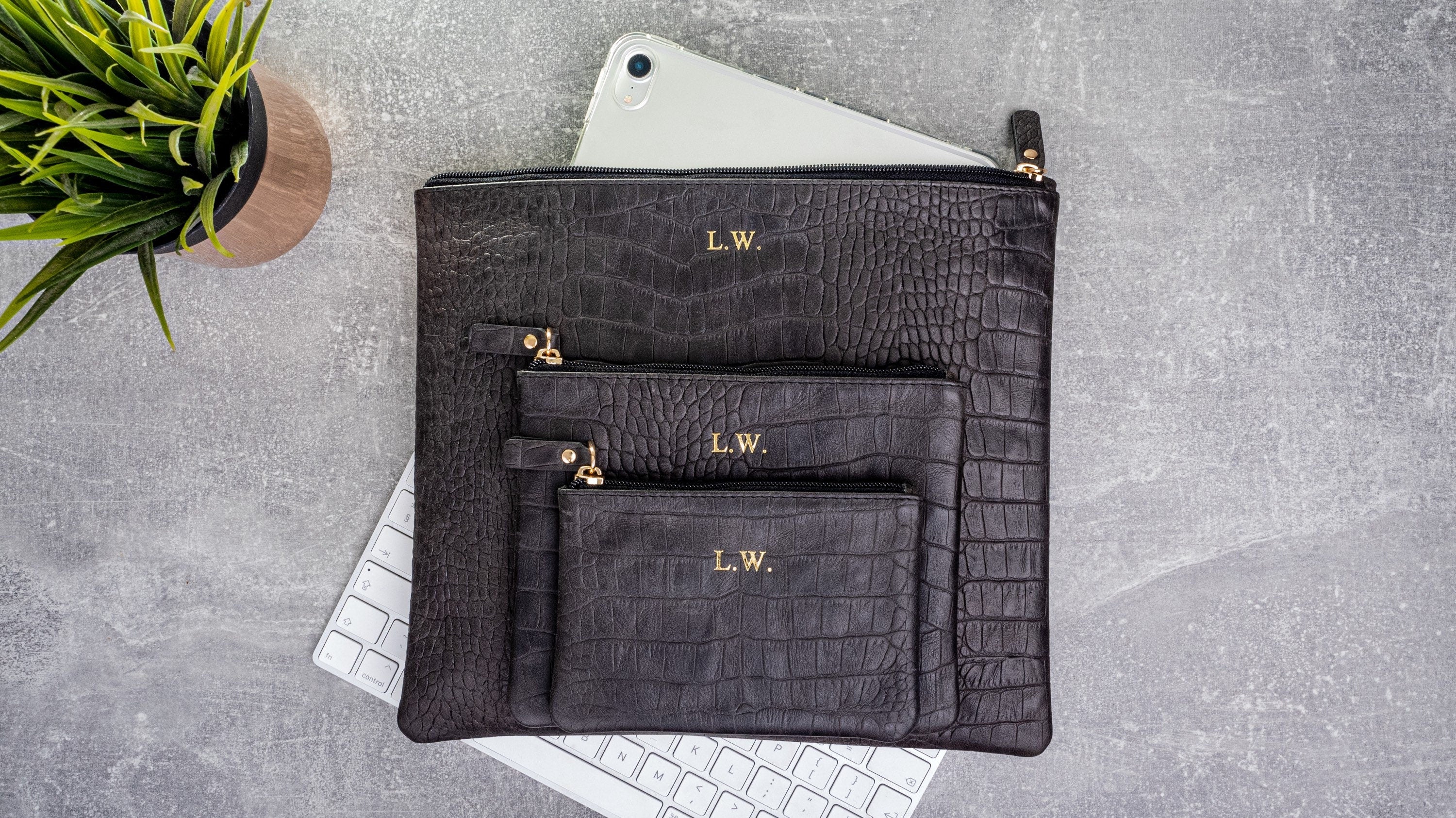 Personalized Black Croc Leather Purse Set: Clutch & Pouch