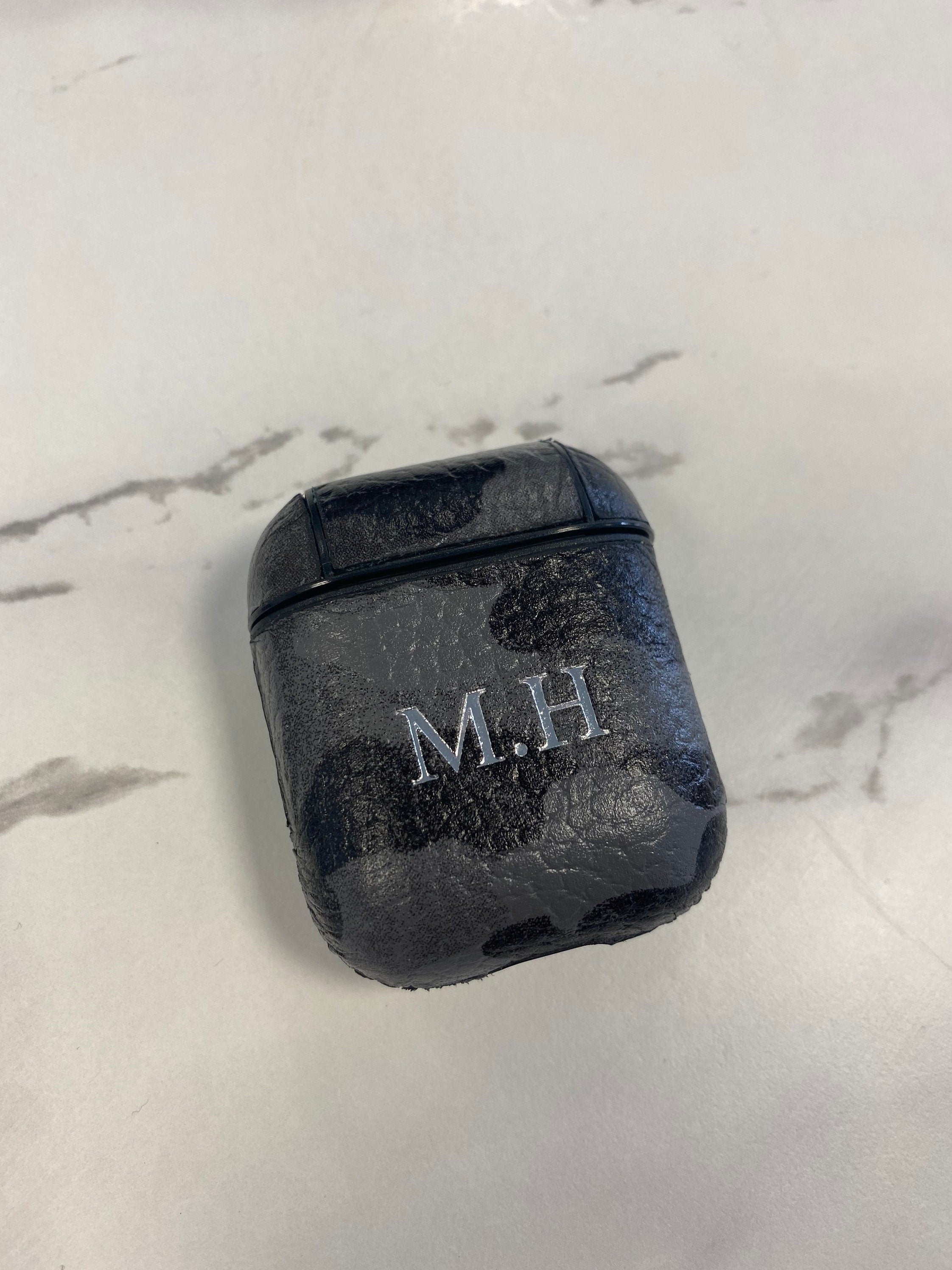 Personalized Grey Camo Leather iPhone & AirPods Case Set