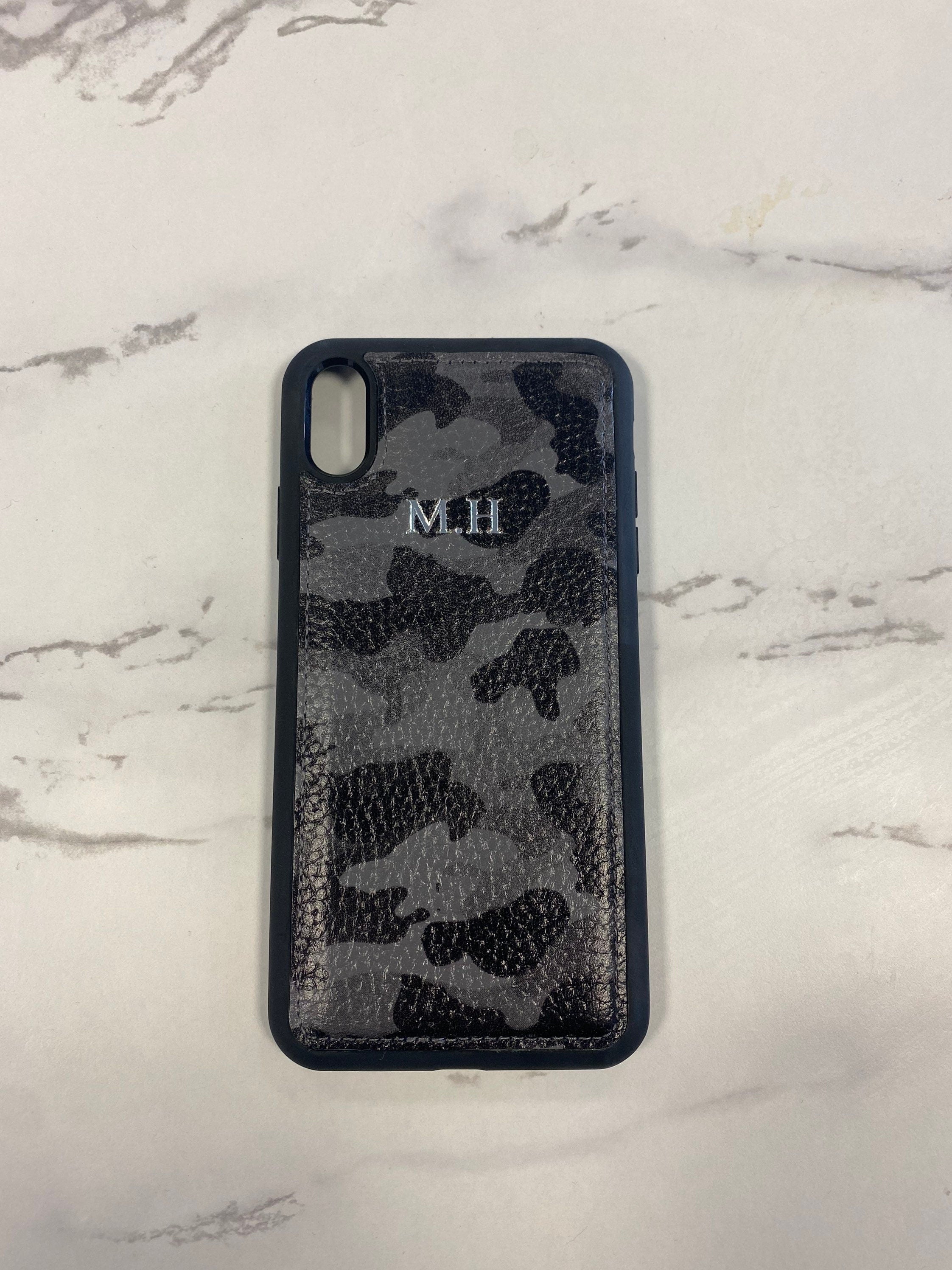 Personalized Grey Camo Leather iPhone & AirPods Case Set