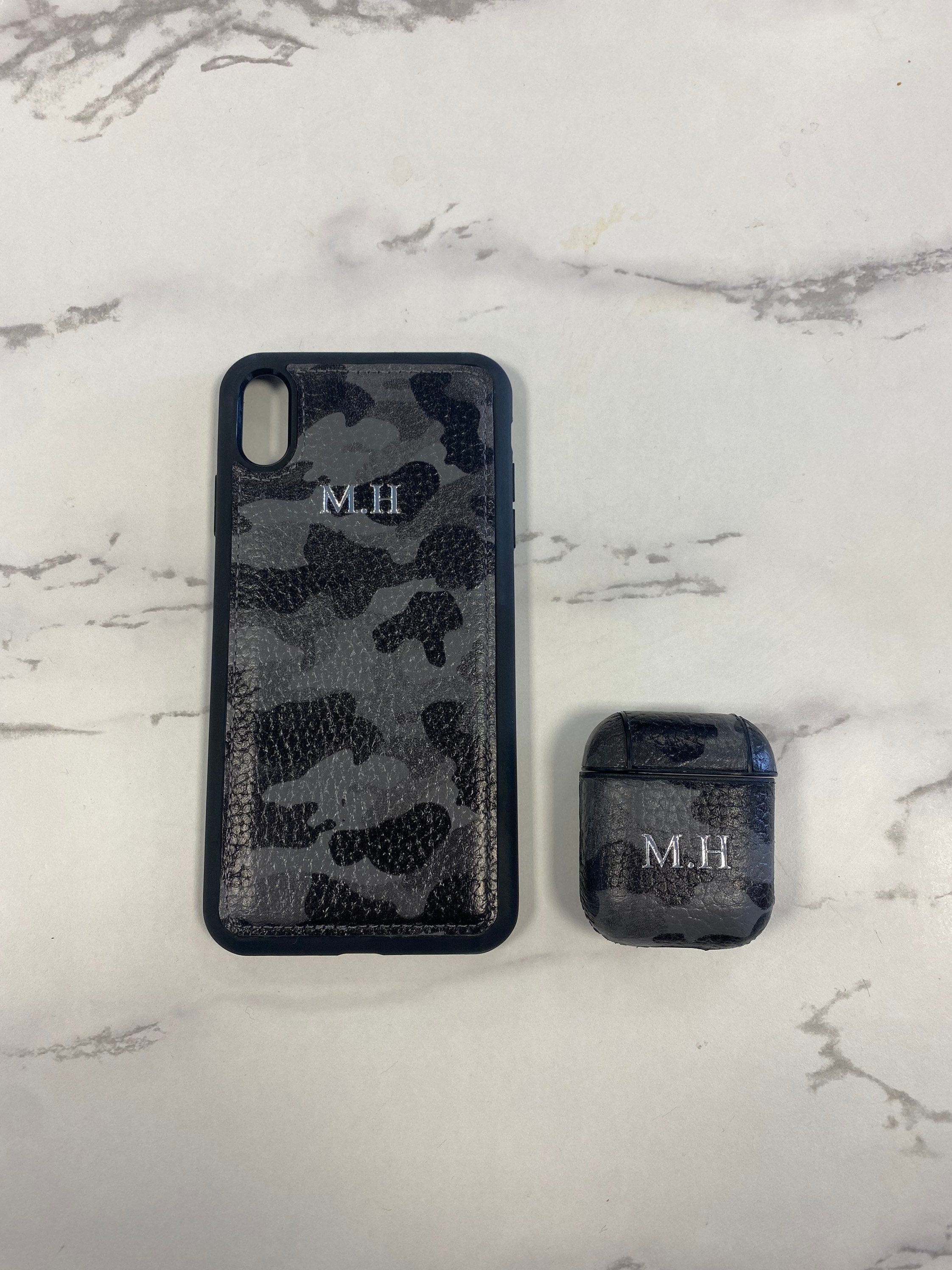 Personalized Grey Camo Leather iPhone & AirPods Case Set