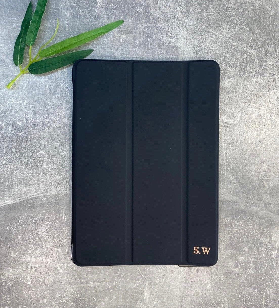 Personalized Black PU Leather iPad Case: Folding Stand, Monogrammed