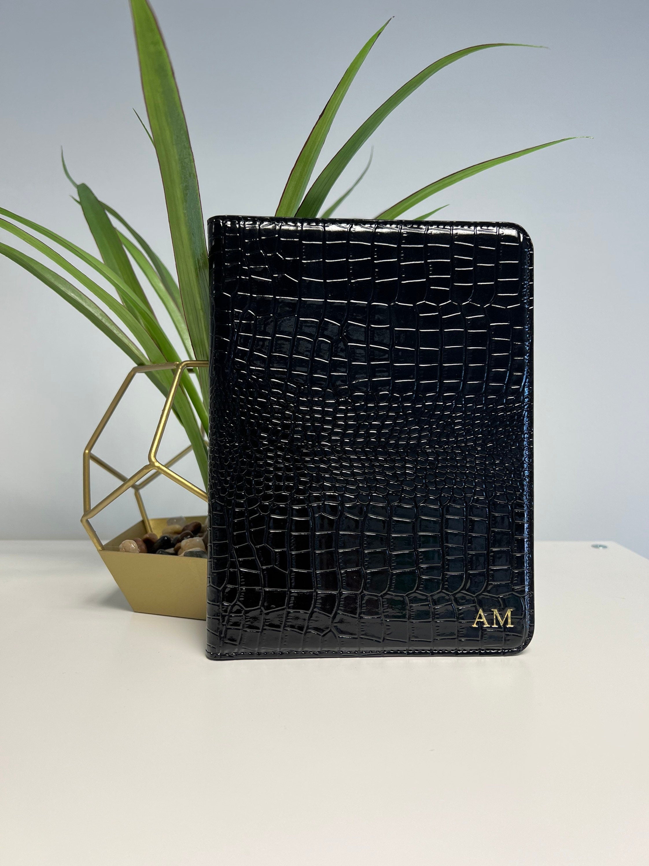Personalized iPad 10th Gen Case: Black Croc PU Leather