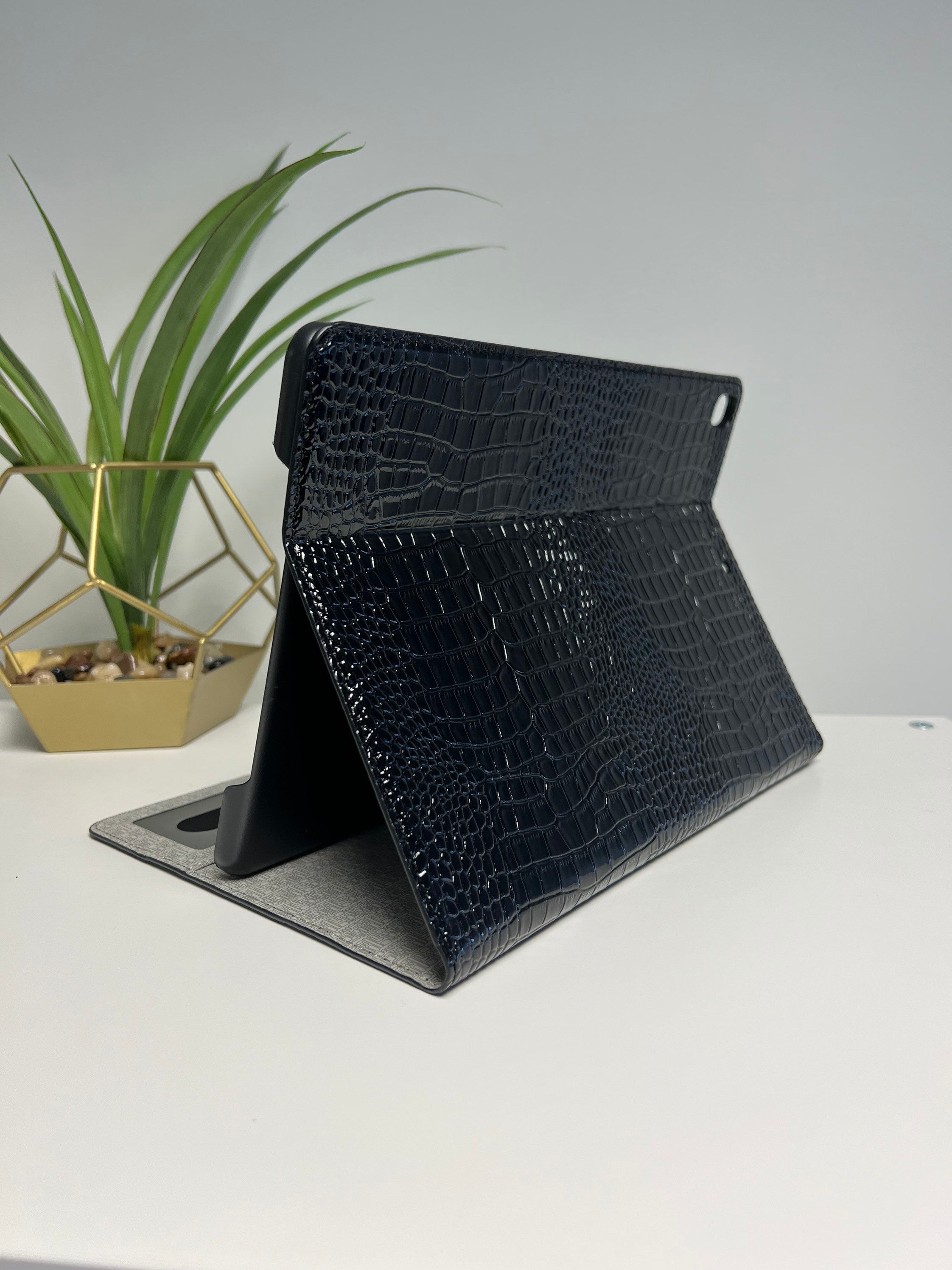 Personalized iPad 10th Gen Case: Black Croc PU Leather