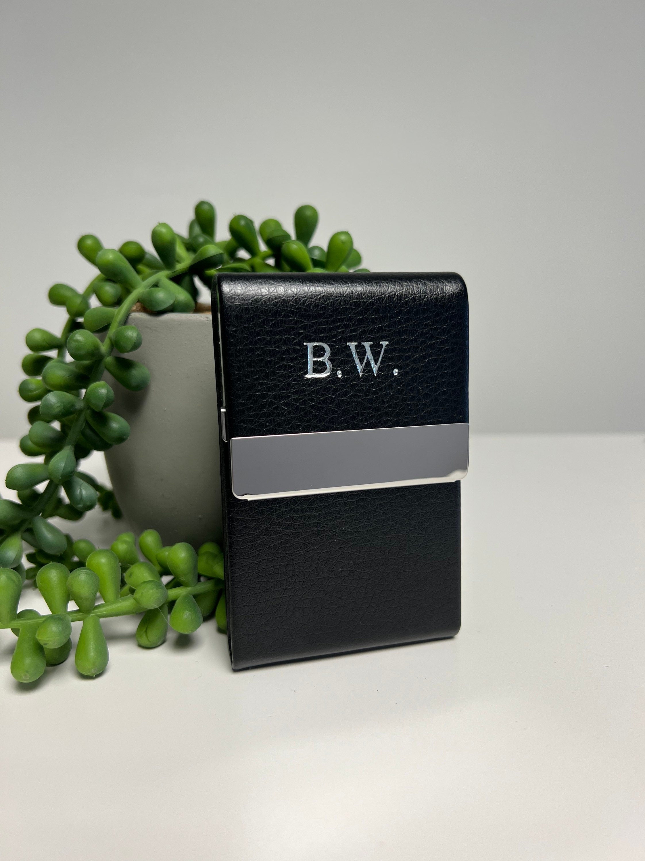 Black Leather business card holder | personalised with any name or initials