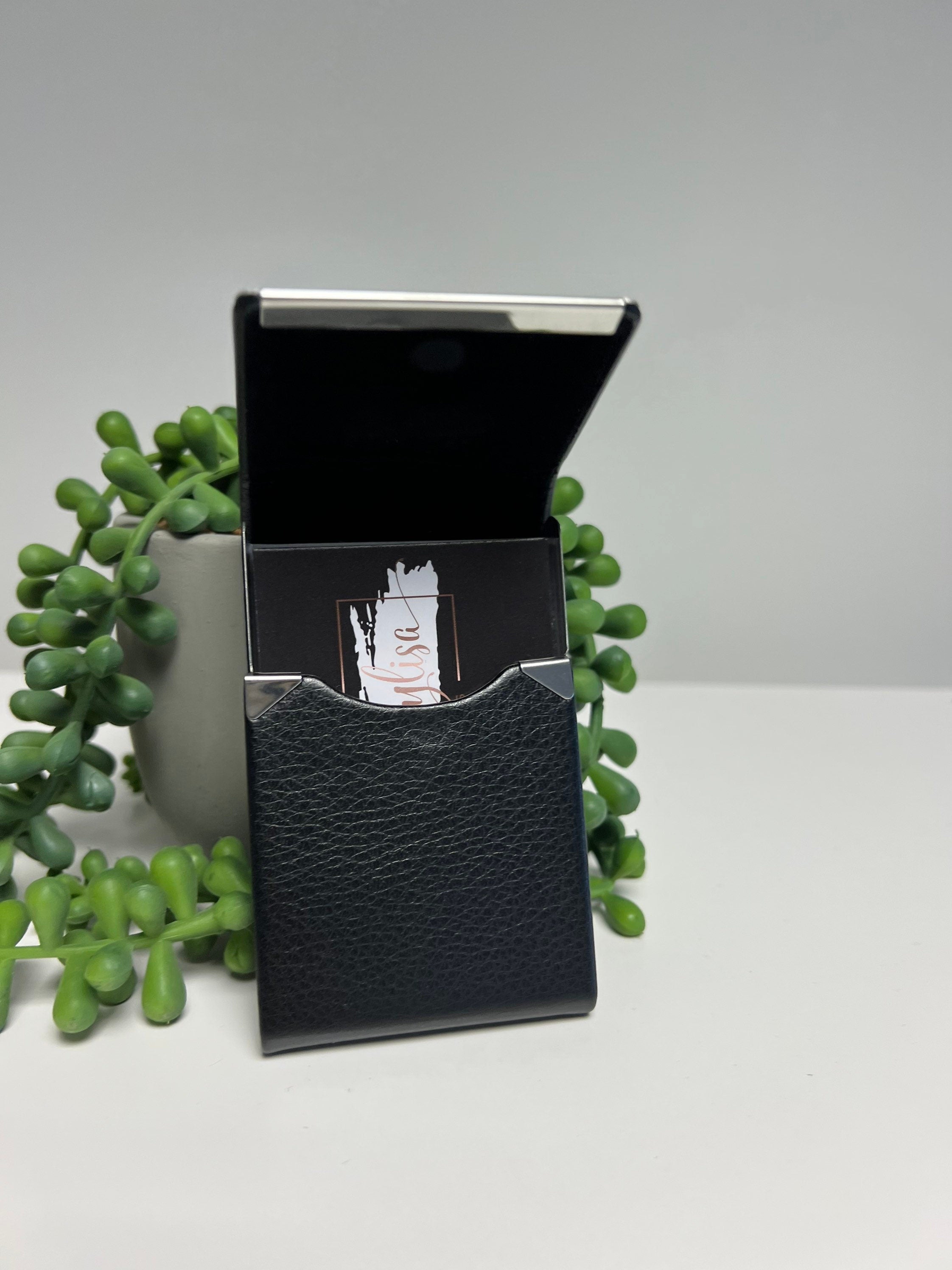 Black Leather business card holder | personalised with any name or initials