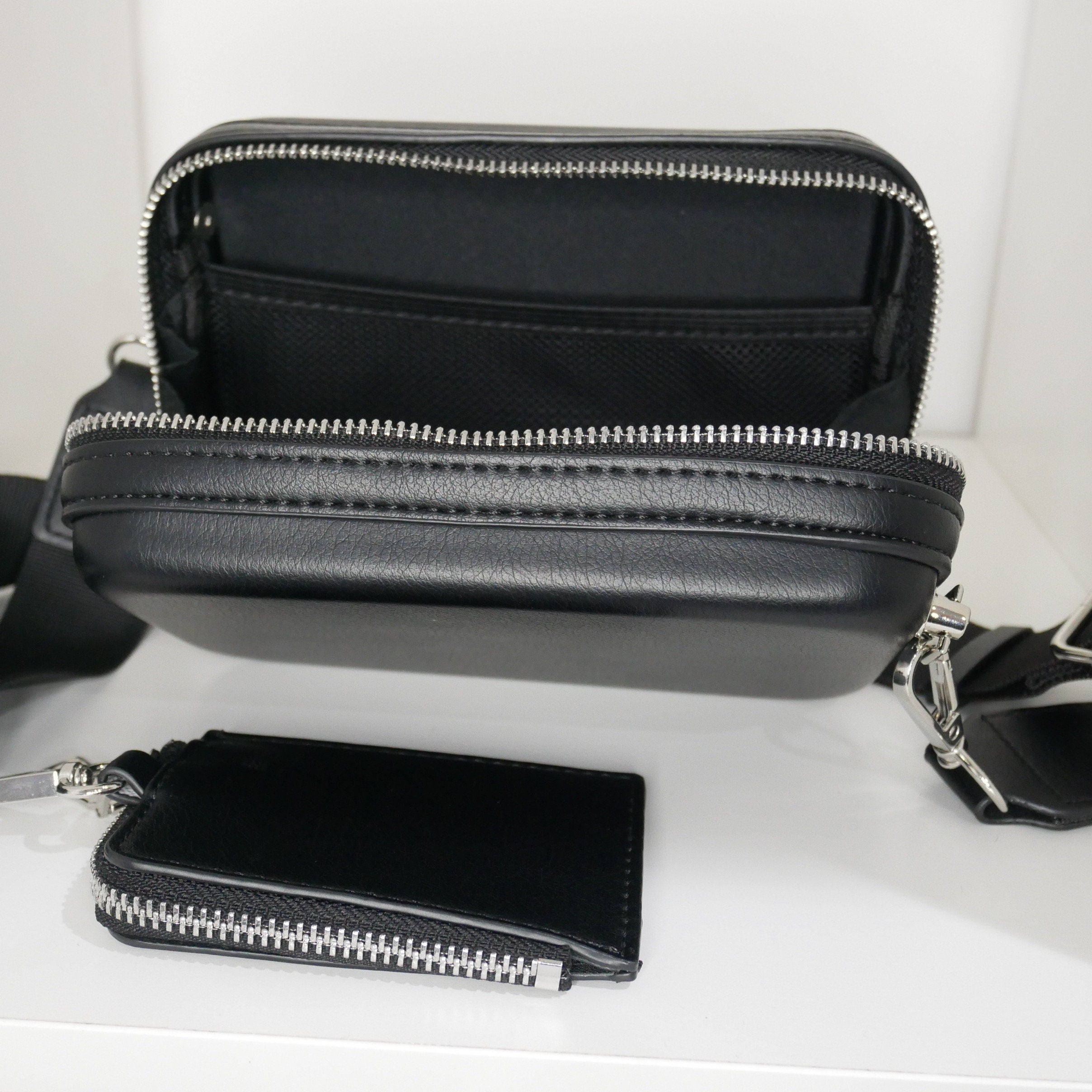 Personalized Black PU Leather Crossbody Bag Duo: Silver Hardware
