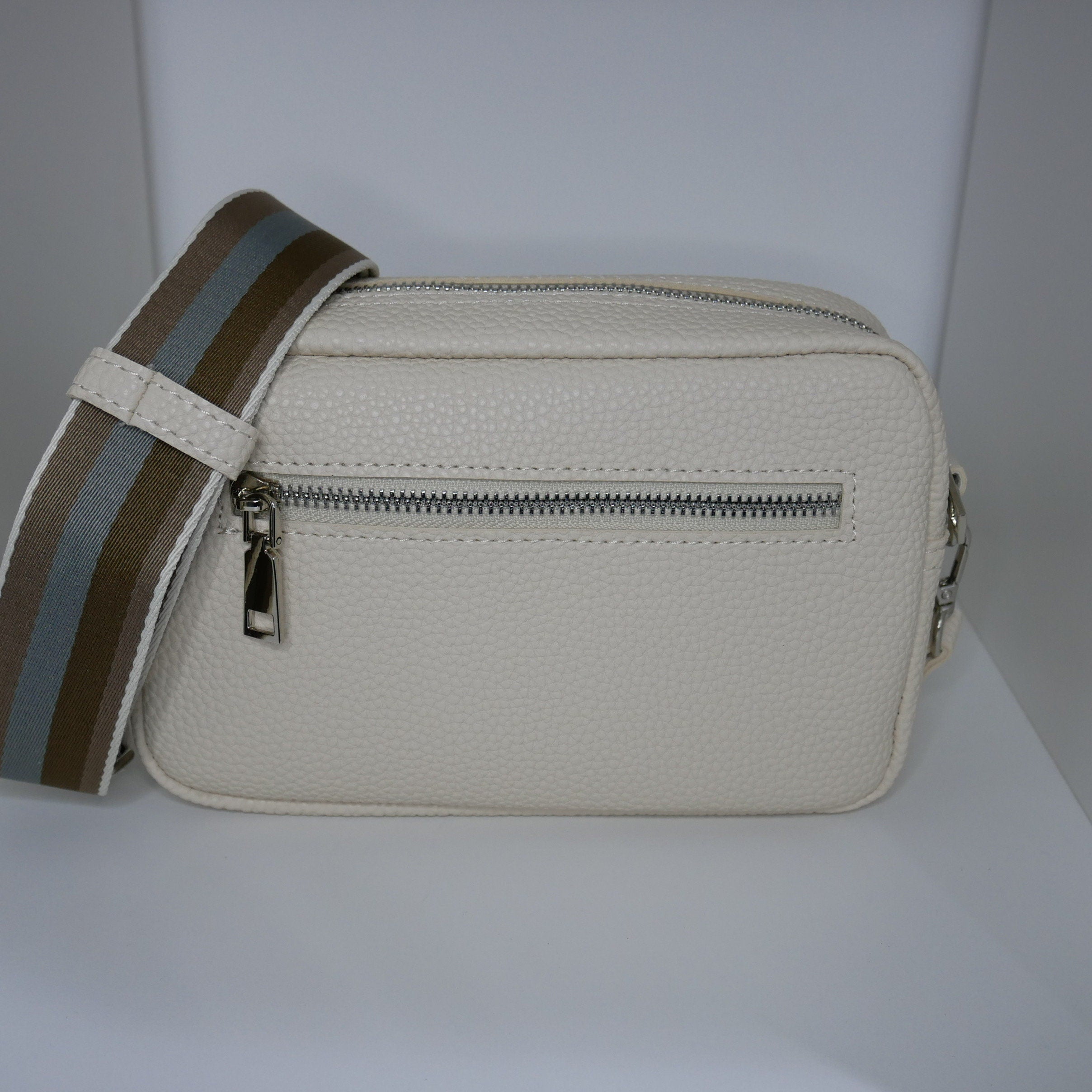 Personalized Beige PU Leather Crossbody Bag: Silver Hardware