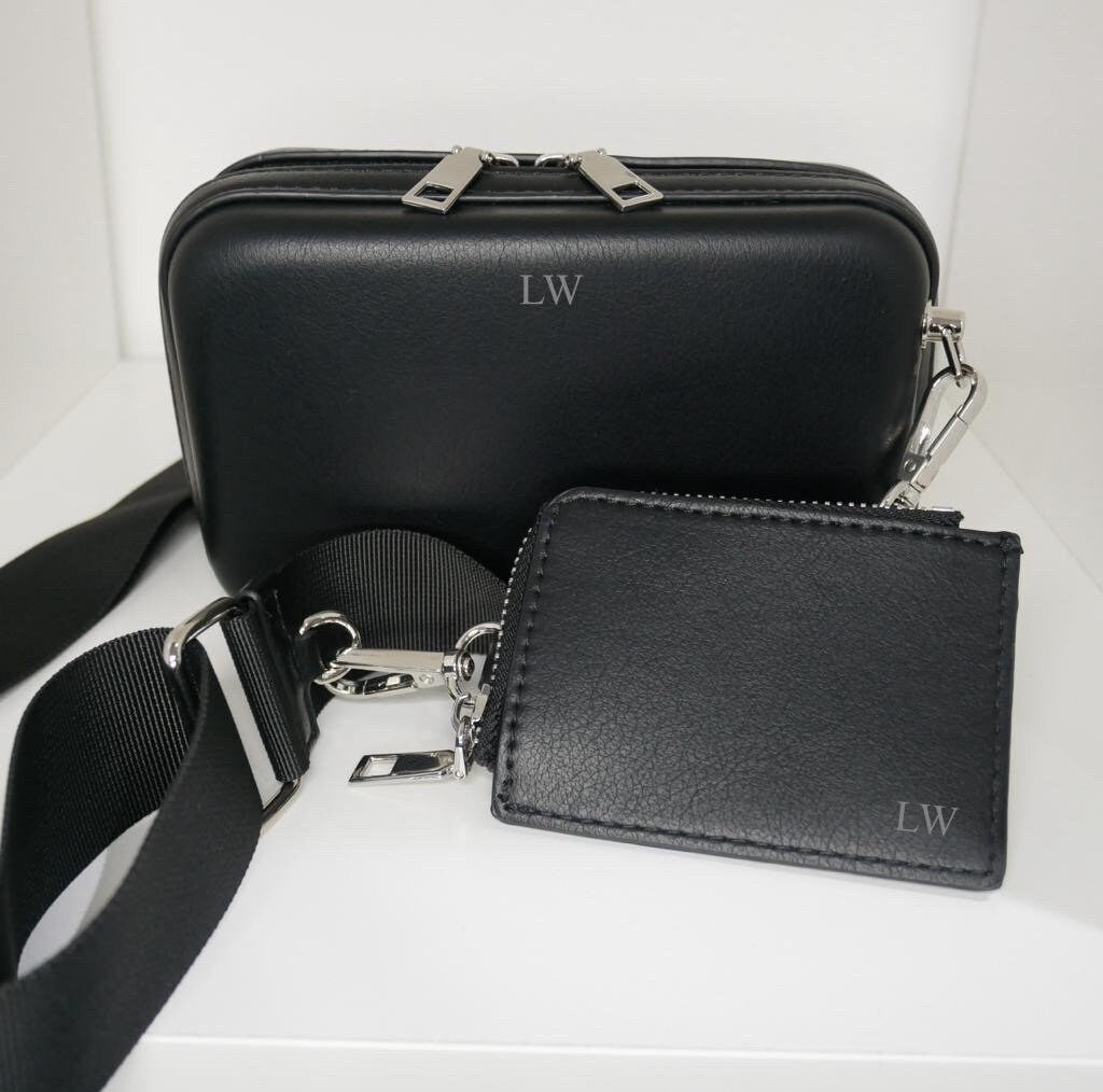 Personalized Black PU Leather Crossbody Bag Duo: Silver Hardware