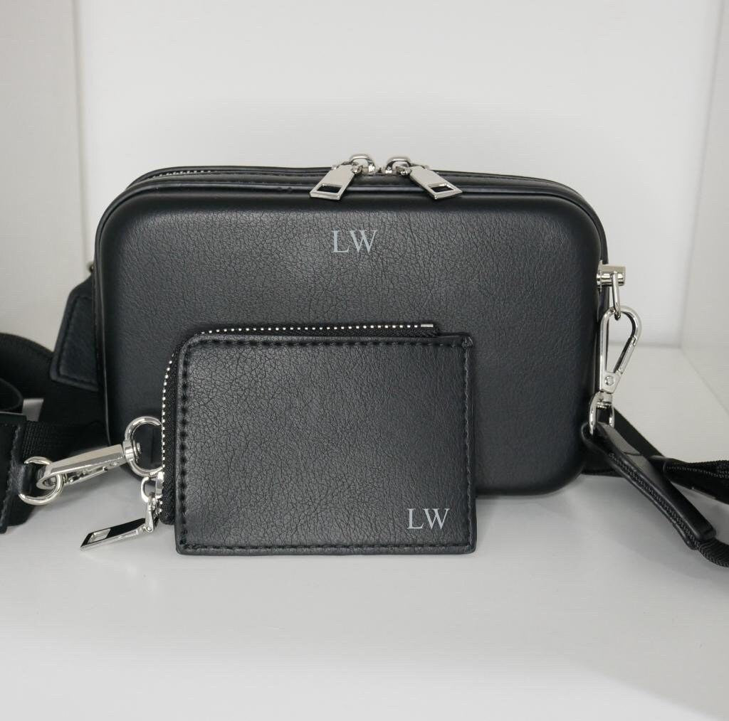 Personalized Black PU Leather Crossbody Bag Duo: Silver Hardware