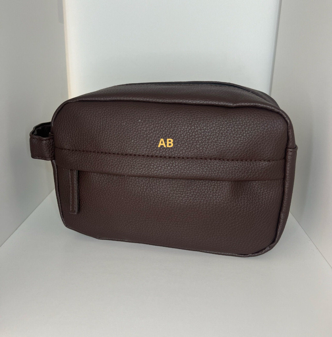 Brown pu leather cosmetics bag personalised with any name or initials toiletries accessories
