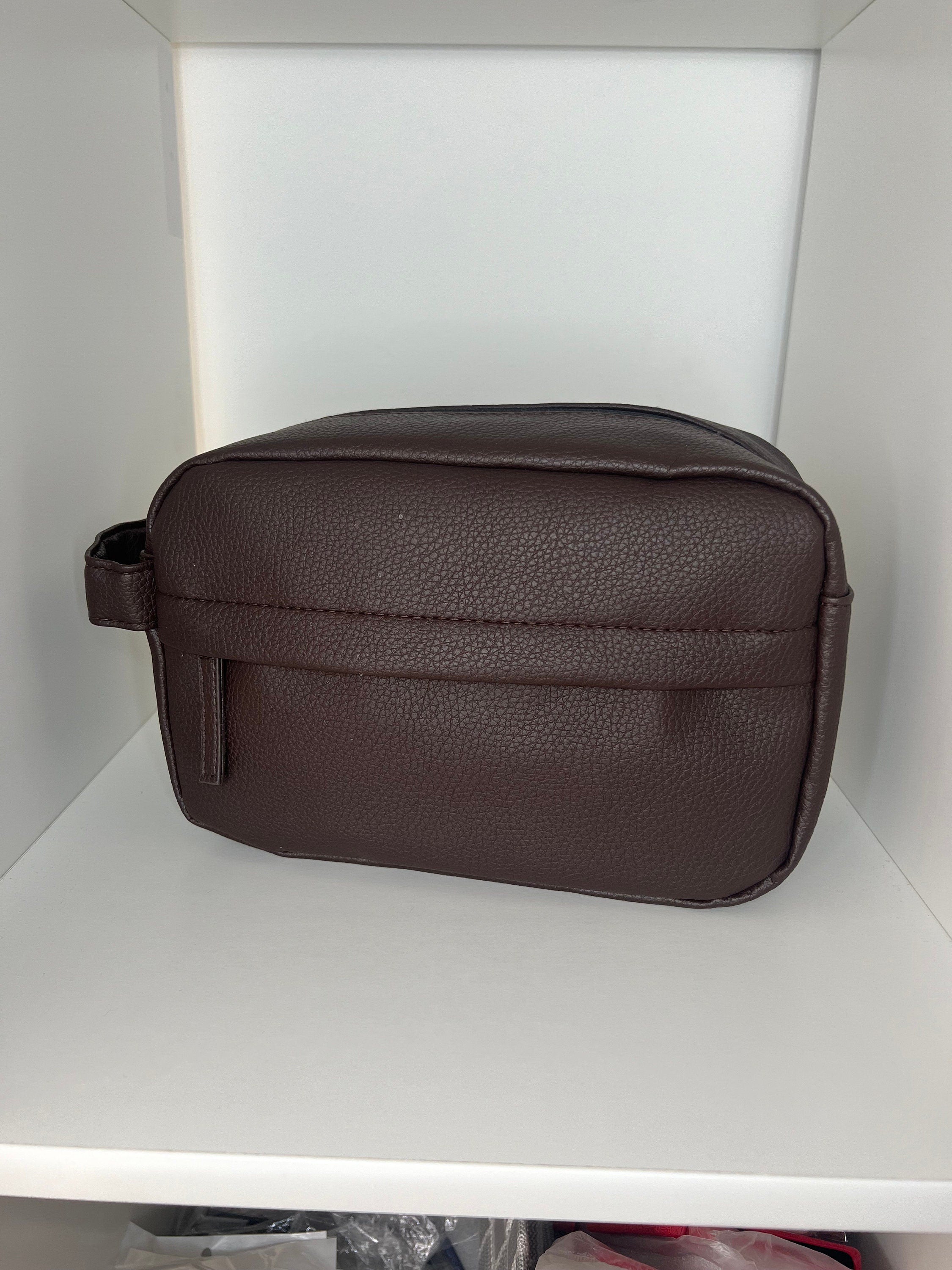 Brown pu leather cosmetics bag personalised with any name or initials toiletries accessories