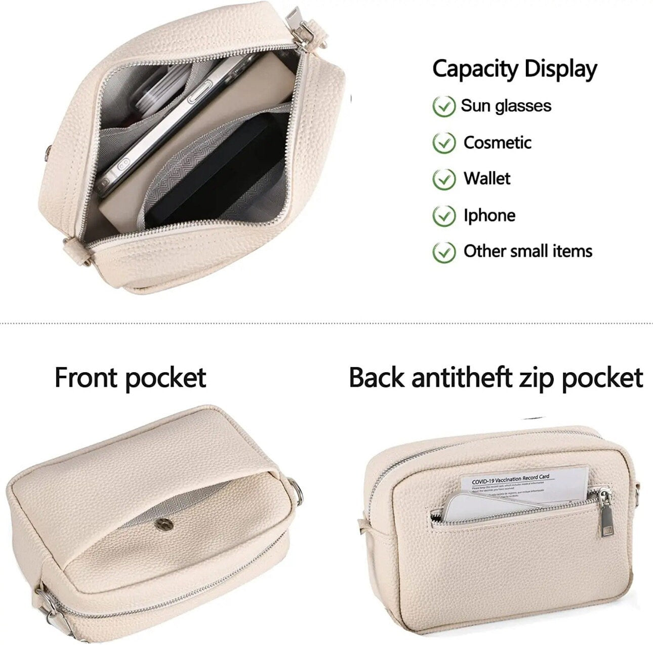 Personalized Beige PU Leather Crossbody Bag: Silver Hardware