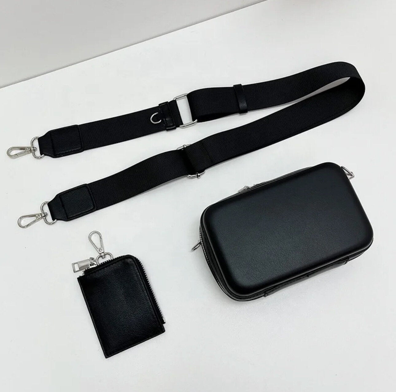 Personalized Black PU Leather Crossbody Bag Duo: Silver Hardware