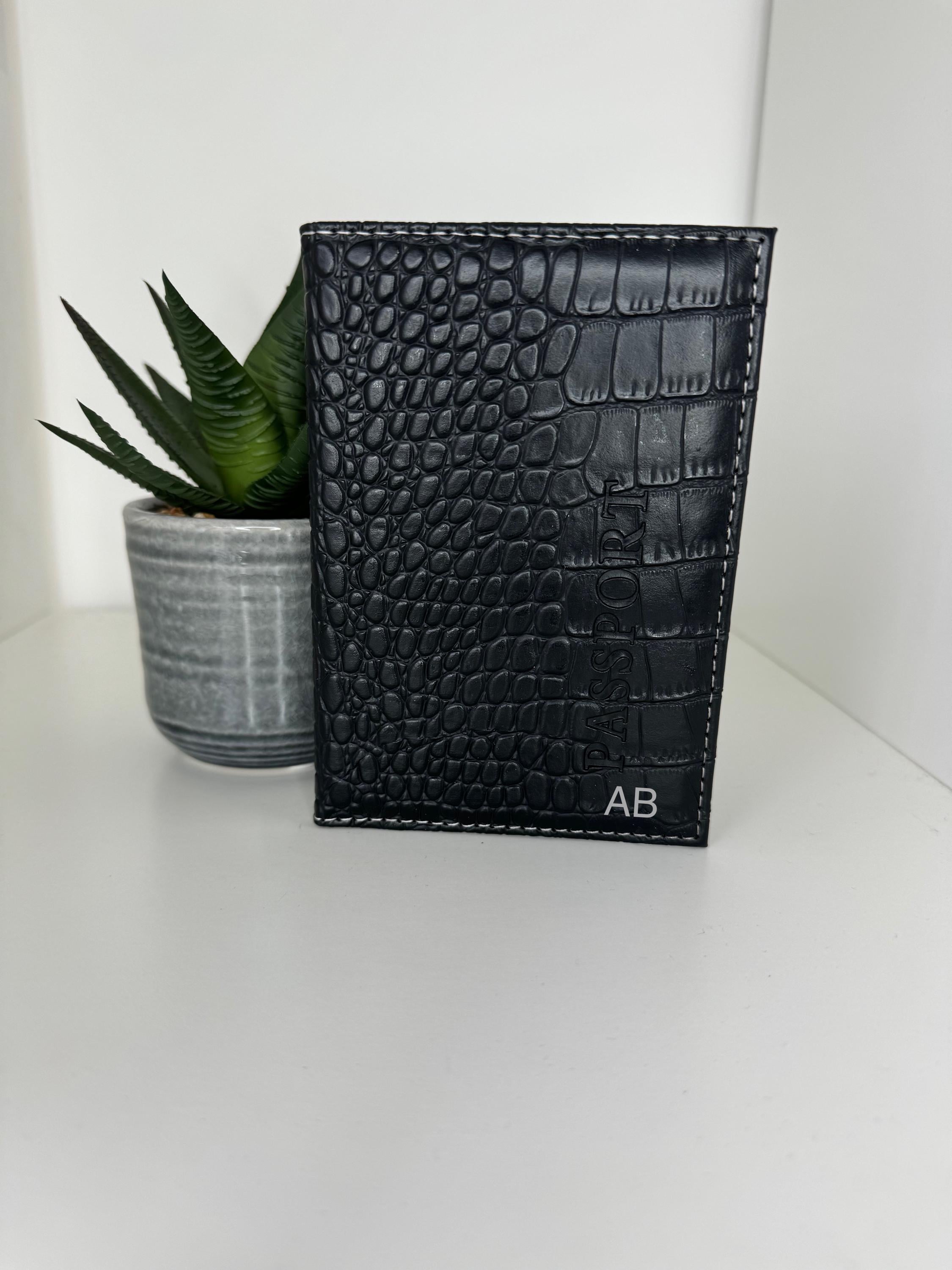 Passport Cover in black croc design | personalised with any name or initials