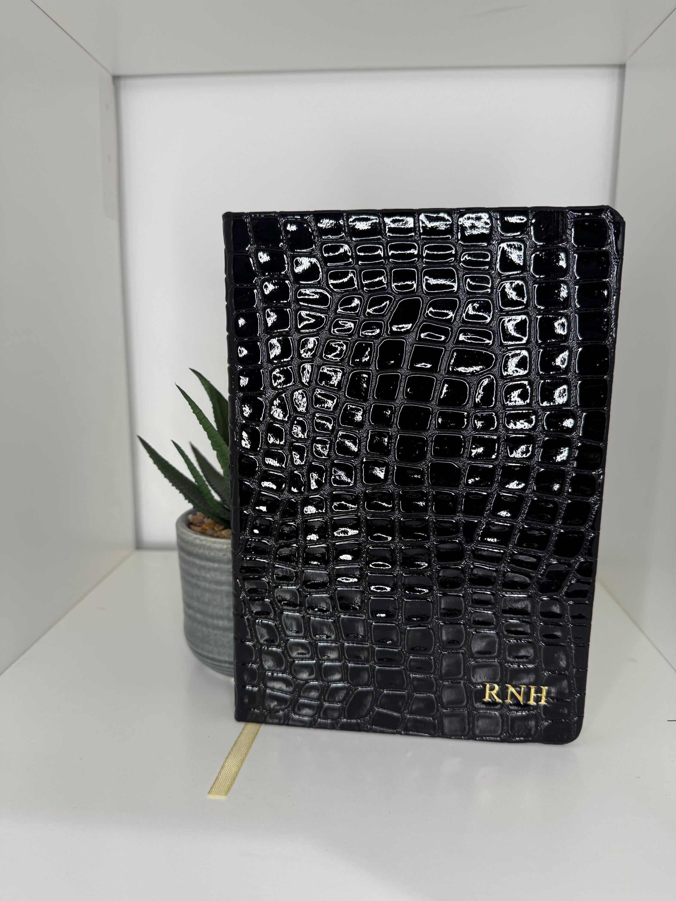 Black croc style pu leather hardback A5 notebook | personalised with any name or initials