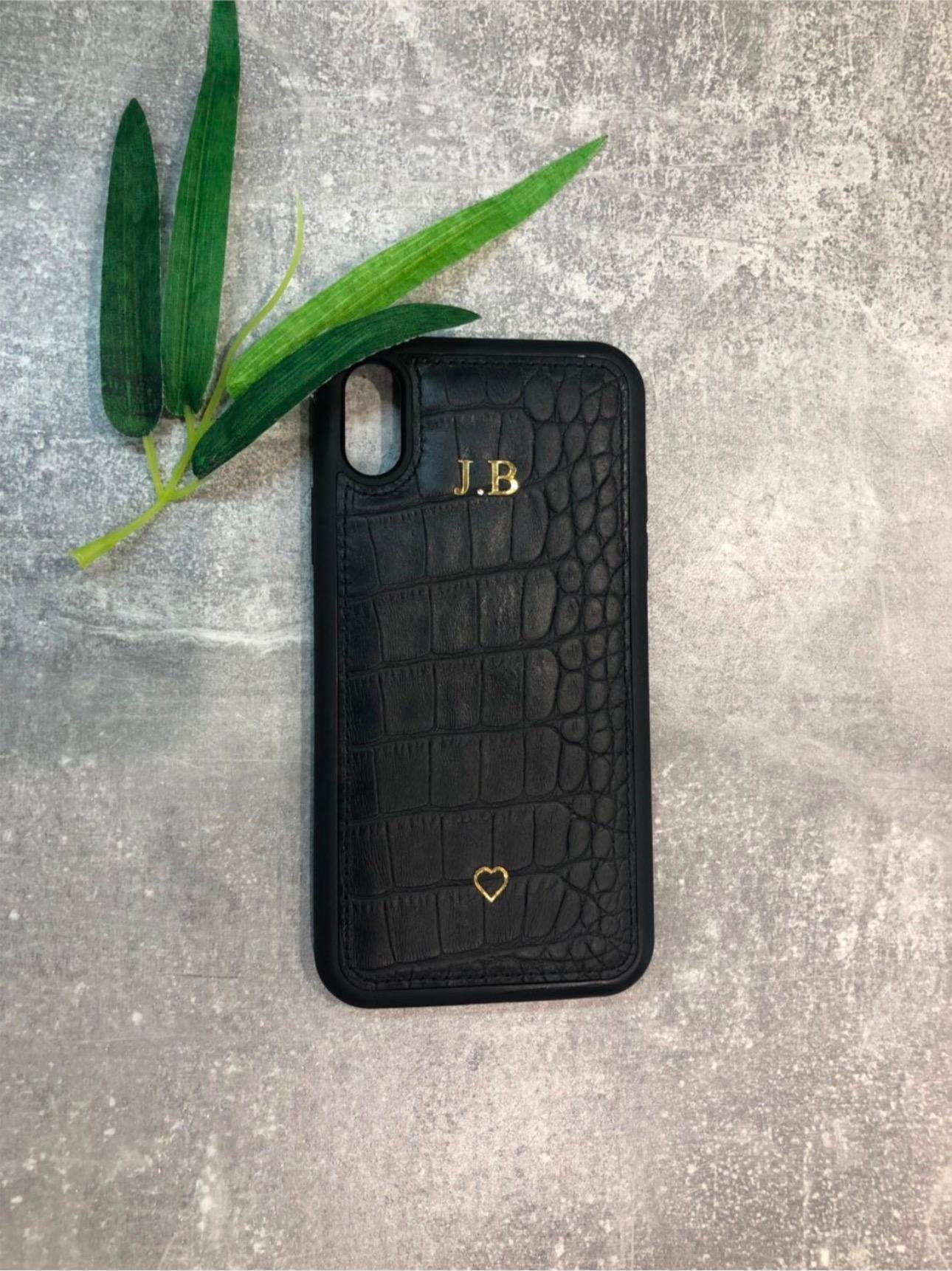 Black croc leather iphone case personalised with any name or initials, customised phone cover.