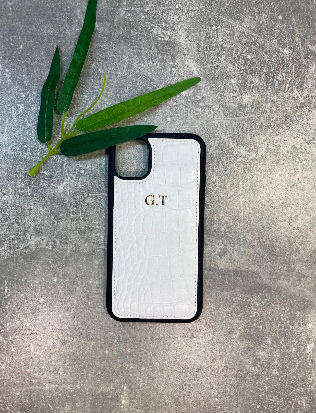 White croc leather iphone case personalised with any name or initials, customised phone cover.