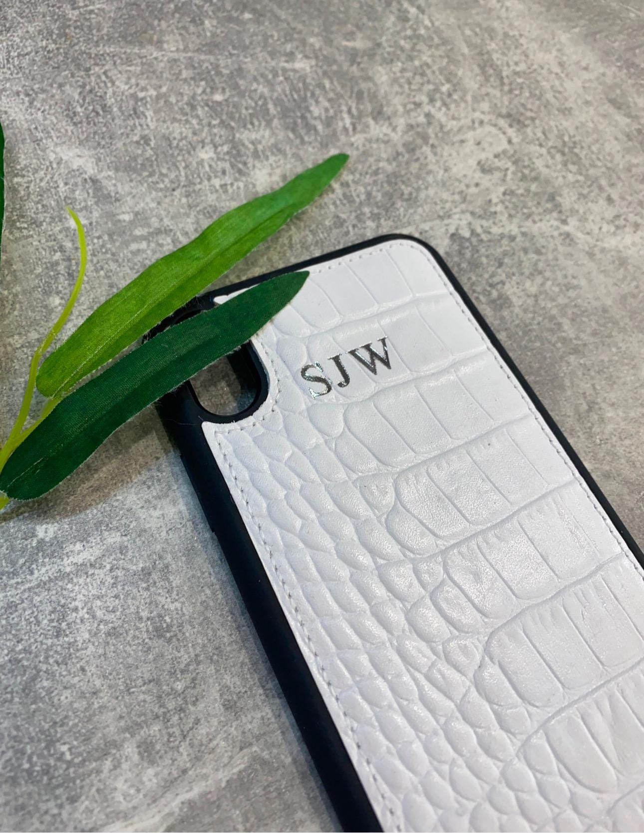 White croc leather iphone case personalised with any name or initials, customised phone cover.