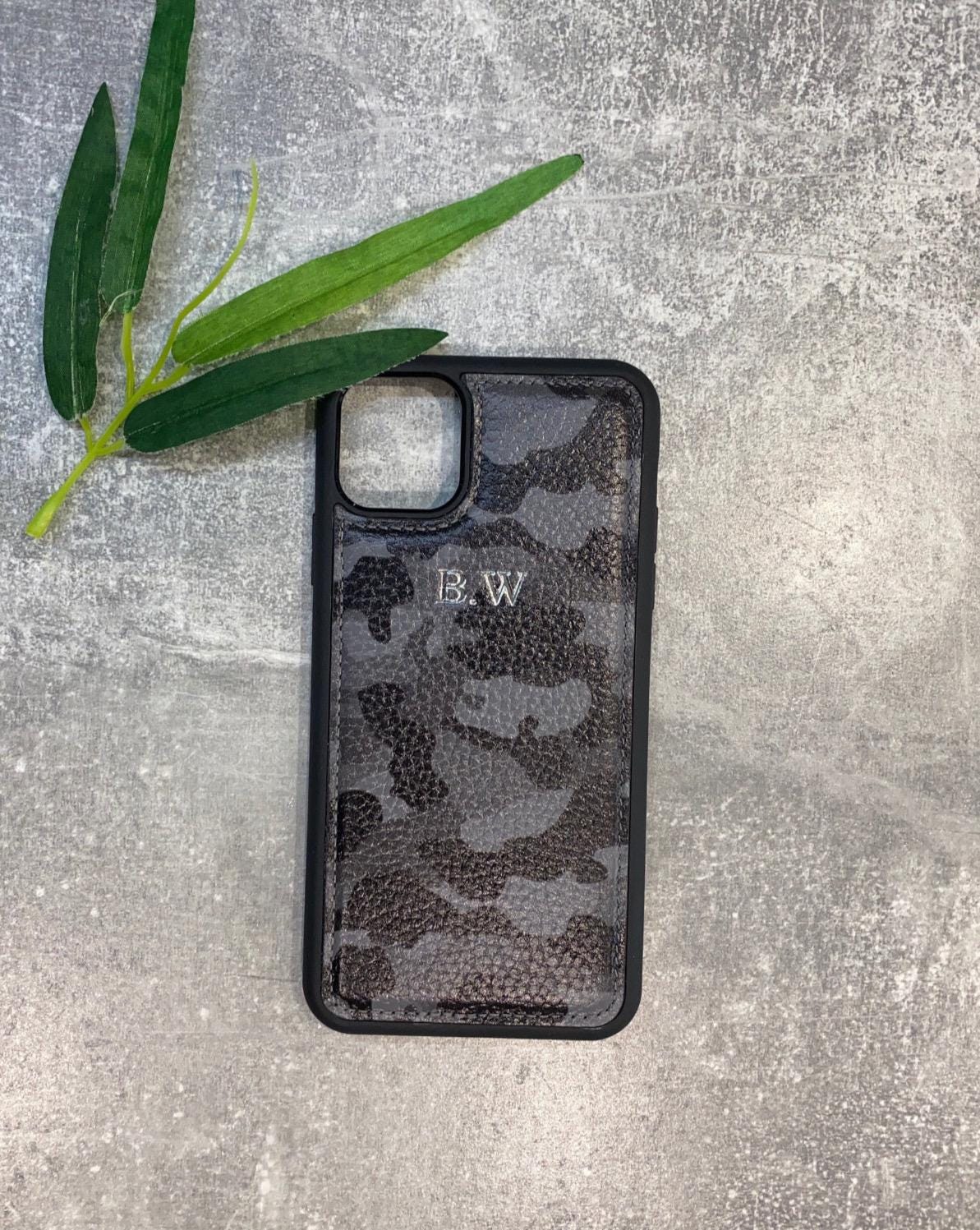 Grey camo leather iphone case personalised with any name or initials, customised phone cover.