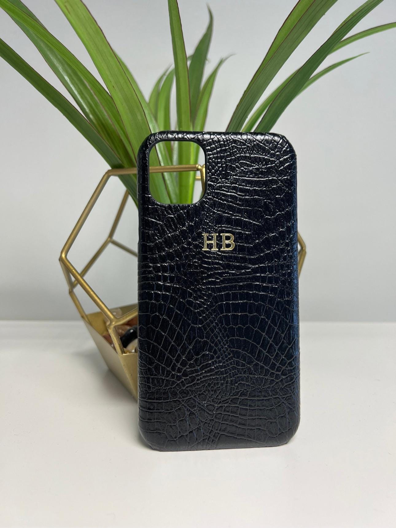 Black croc PU leather iphone case personalised with any initials or name