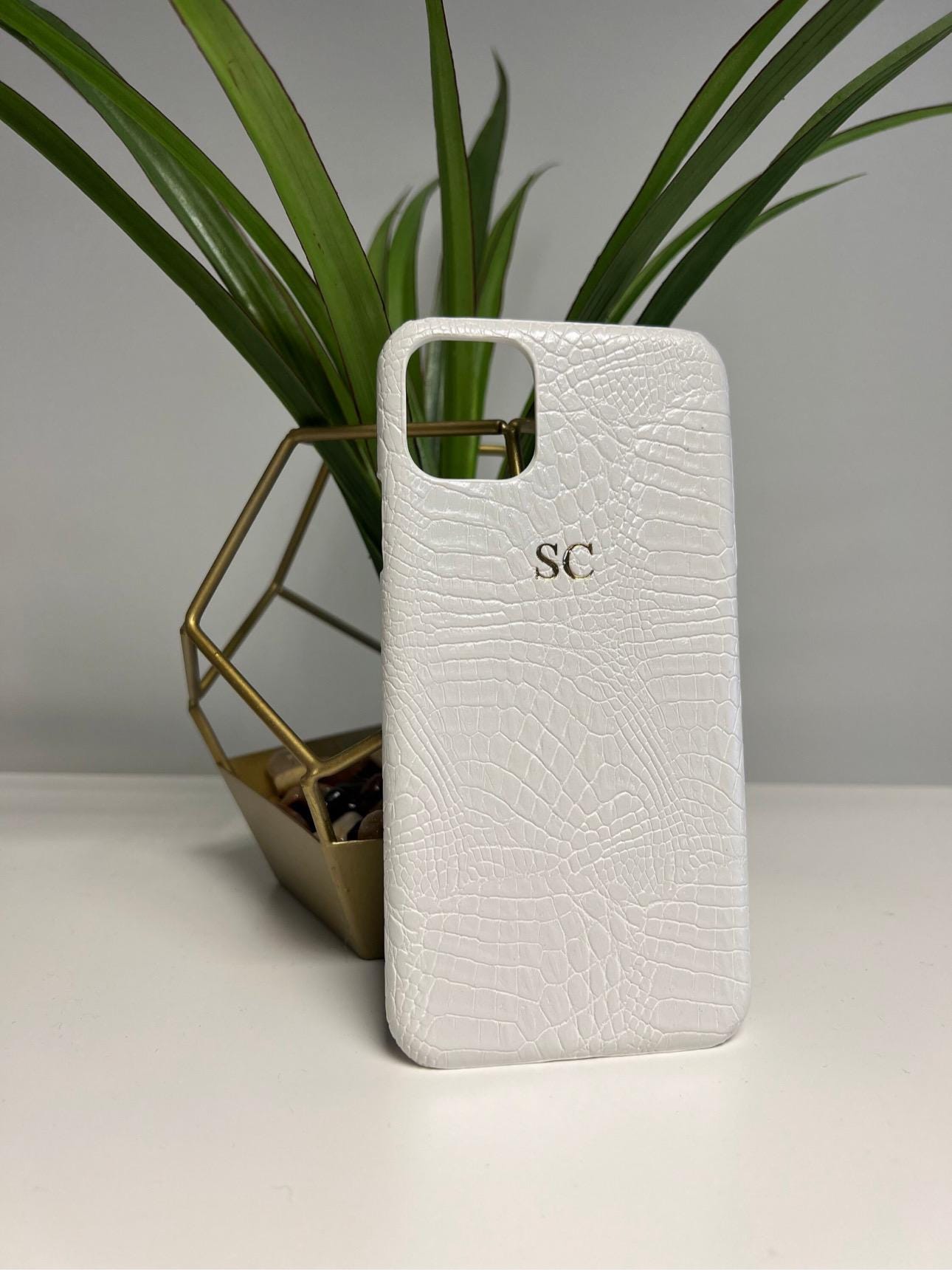 White croc PU leather iphone case personalised with any initials or name