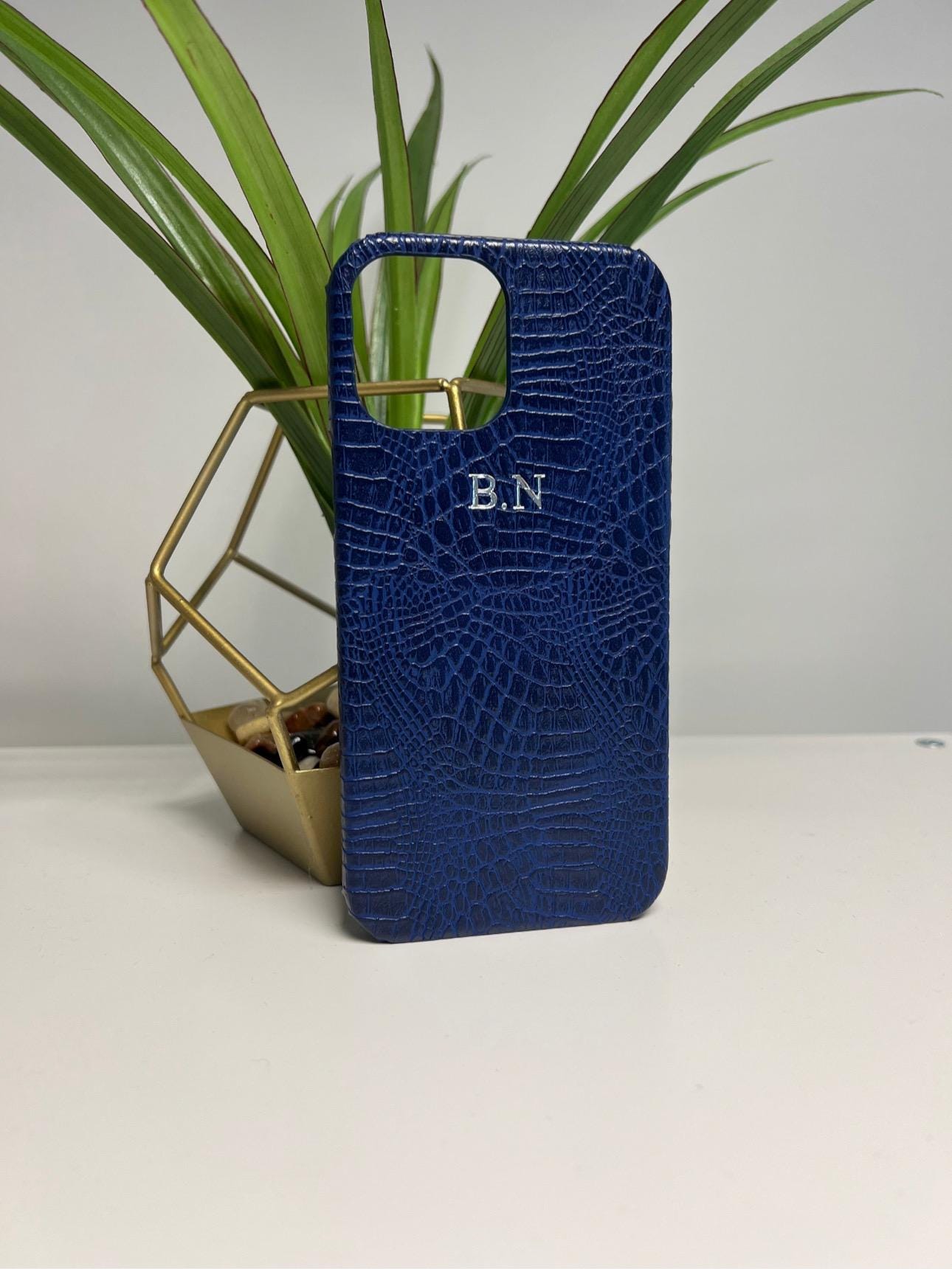 Blue croc PU leather iphone case personalised with any initials or name