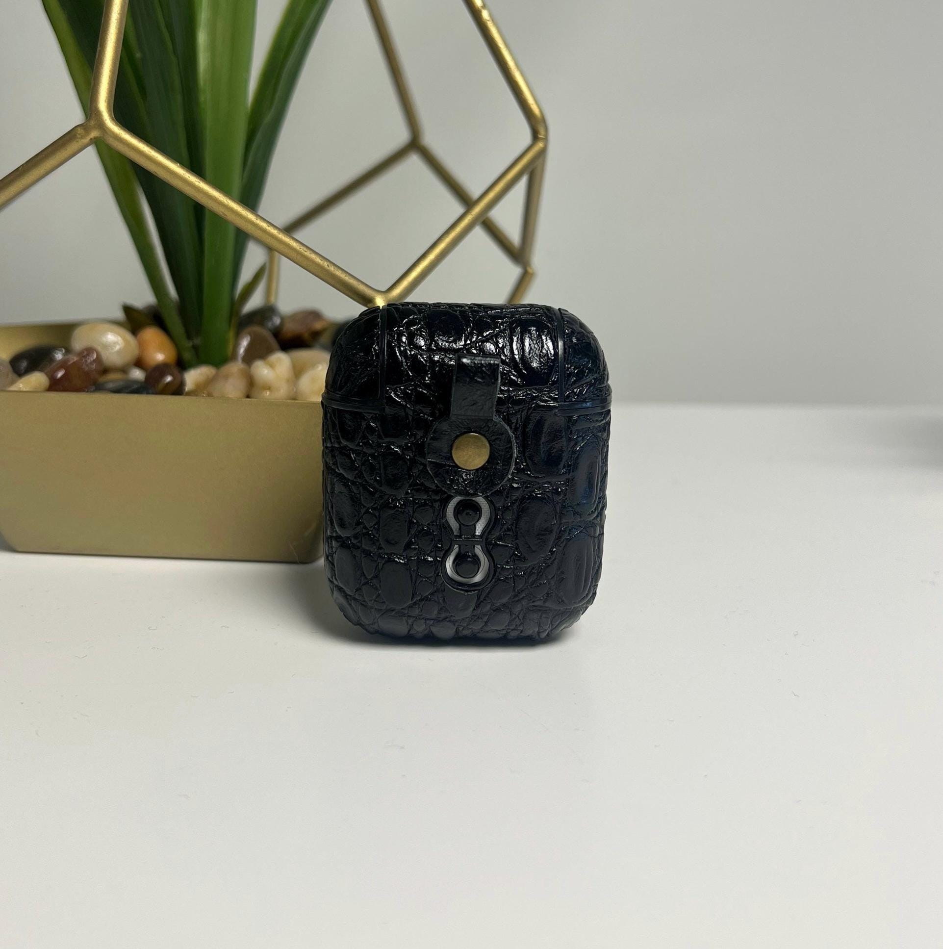 Personalized Black Croc AirPods Case: PU Leather, Hot Stamped Initials