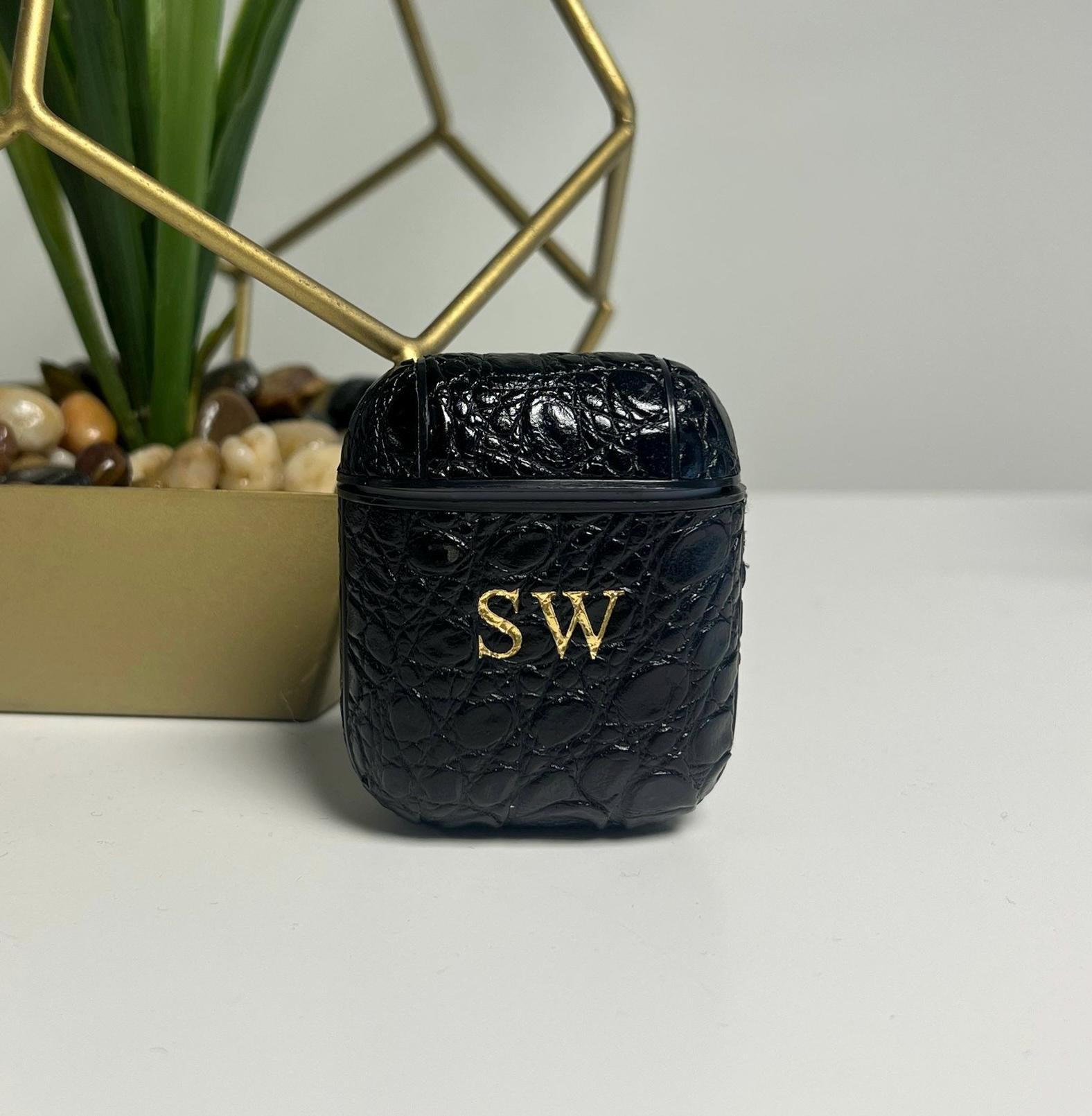 Personalized Black Croc AirPods Case: PU Leather, Hot Stamped Initials