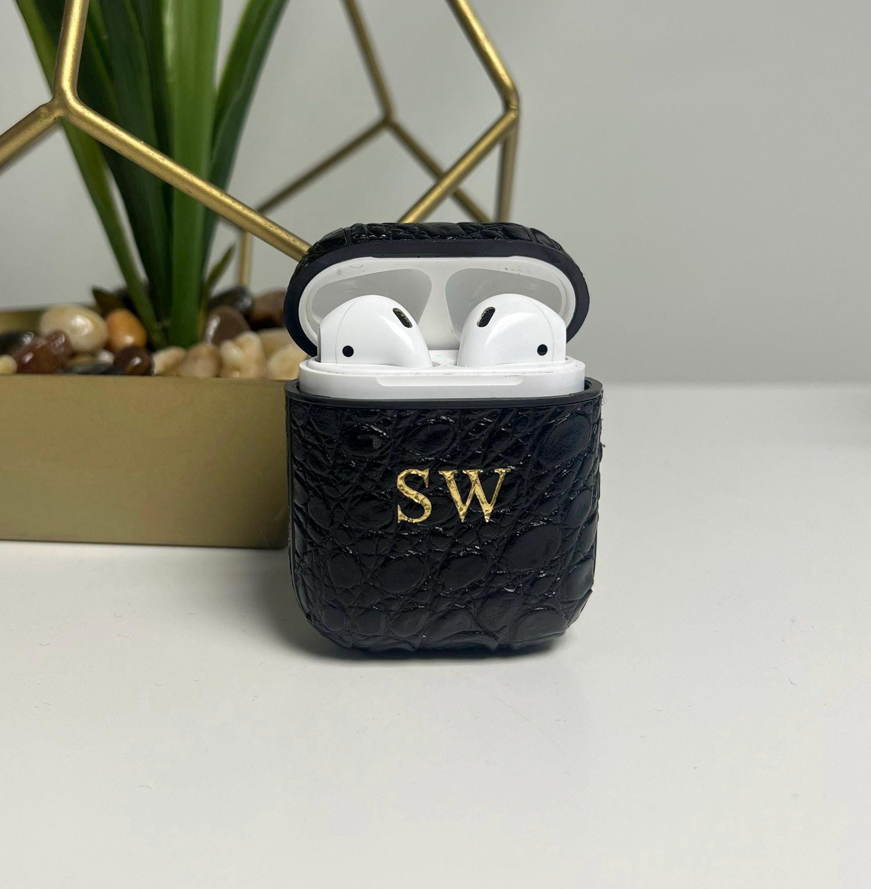 Personalized Black Croc AirPods Case: PU Leather, Hot Stamped Initials