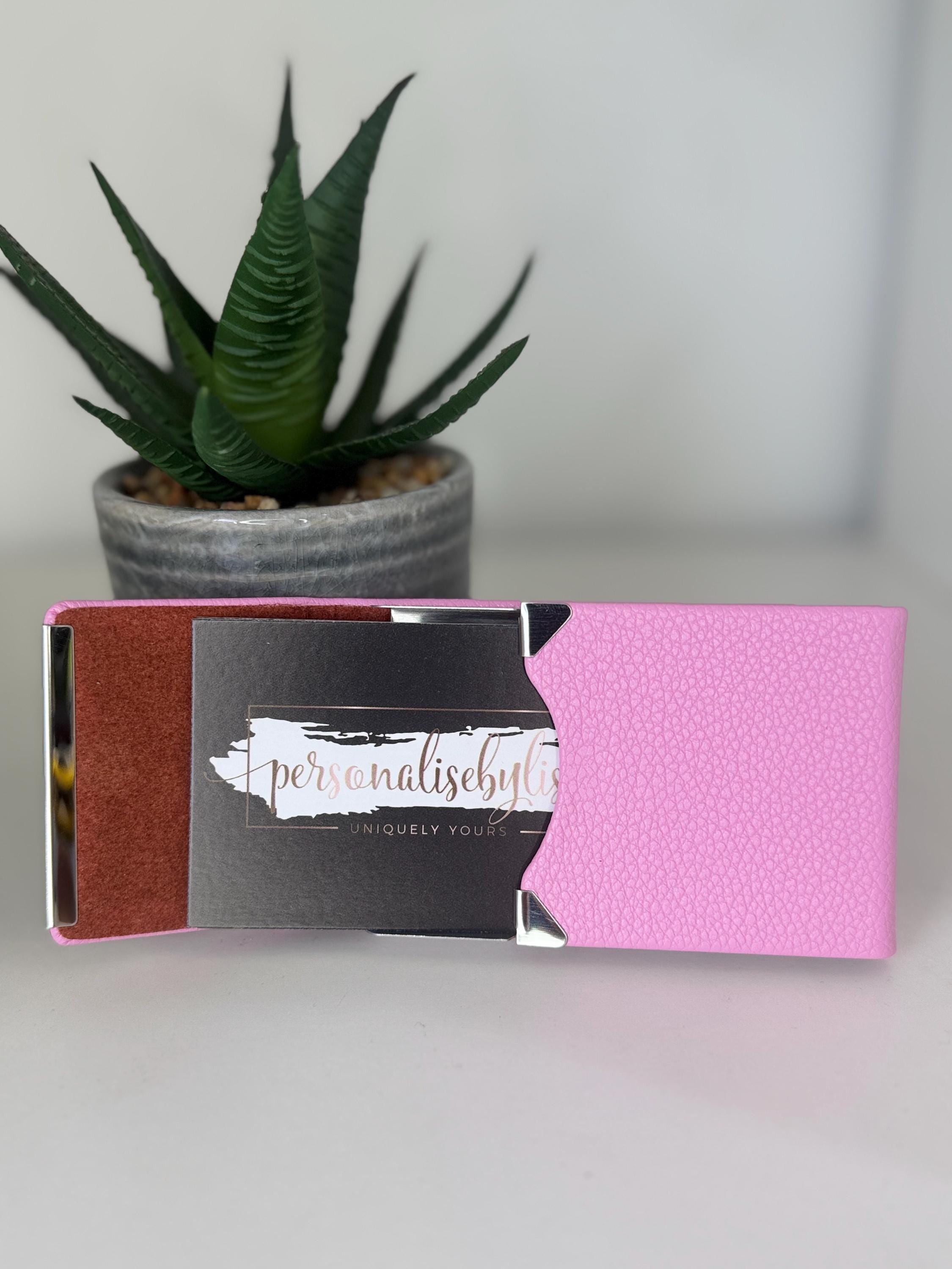 Pink Leather business card holder | personalised with any name or initials