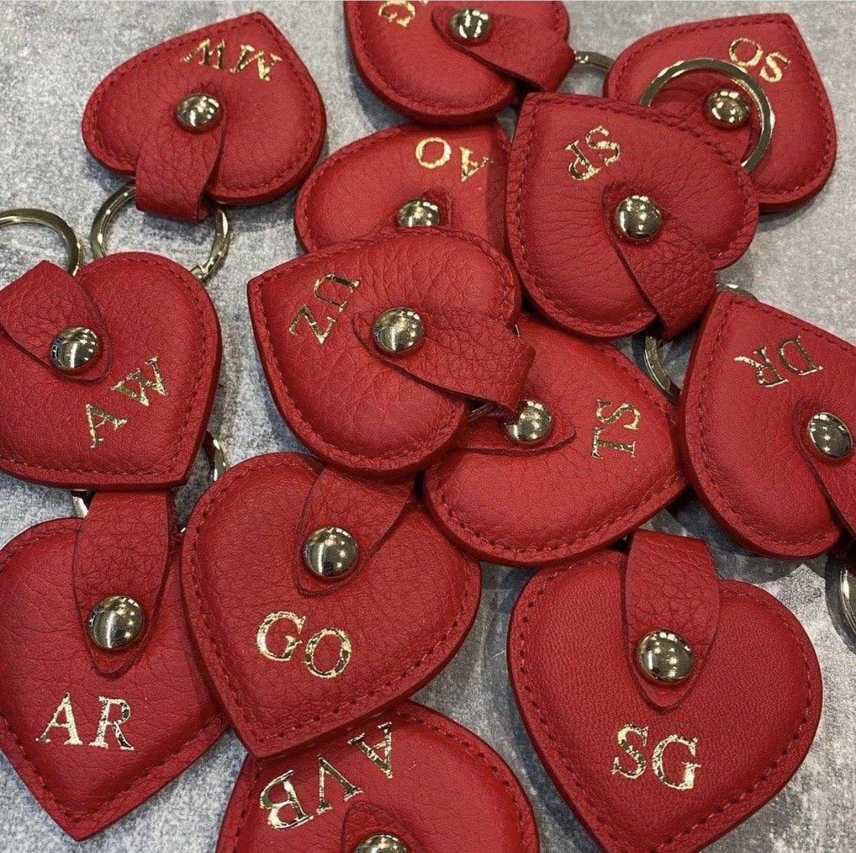 Red leather heart keyring with gold hardware personalised with gold letters - PersonalisebyLisa