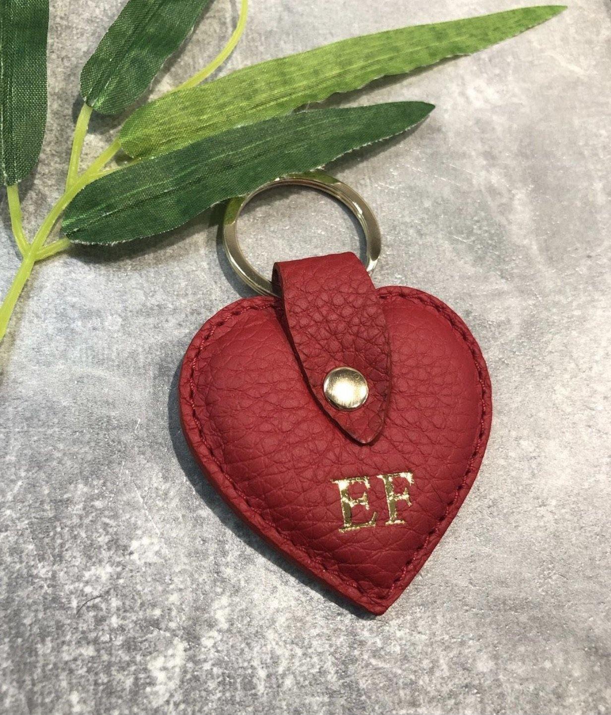 Red leather heart keyring with gold hardware personalised with gold letters - PersonalisebyLisa